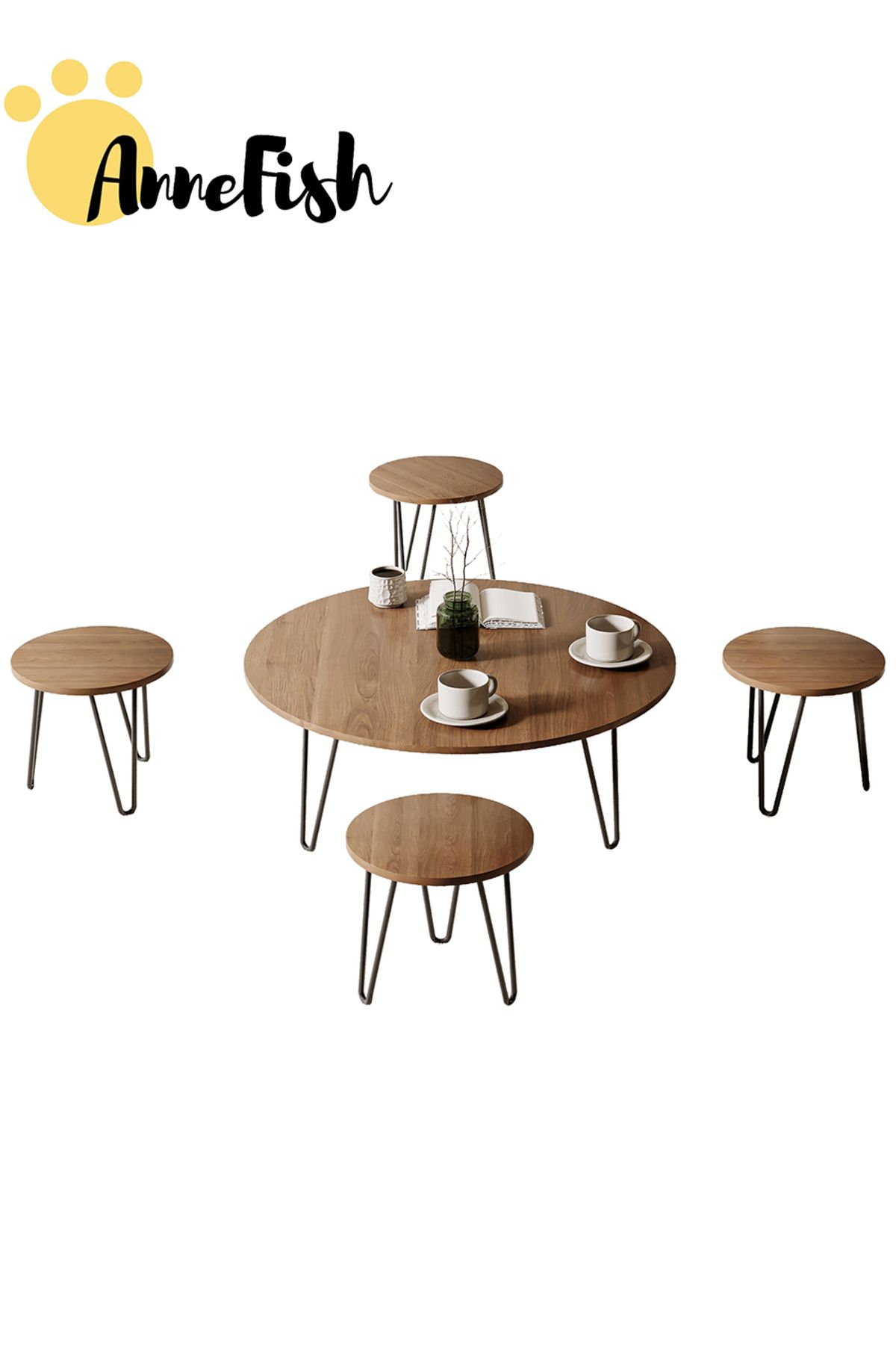 AnneFish-5pcs Floor Coffee Table Set Low Round Home Nesting Friends Gathering Table Set Of 5 Side Table 8