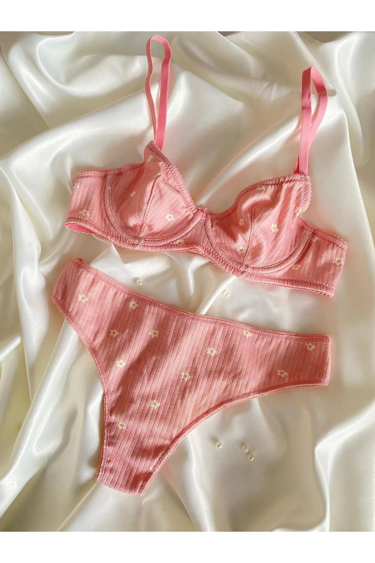 Gofeel Pink Flower Balenli Pamuklu Penye Sütyen Takım