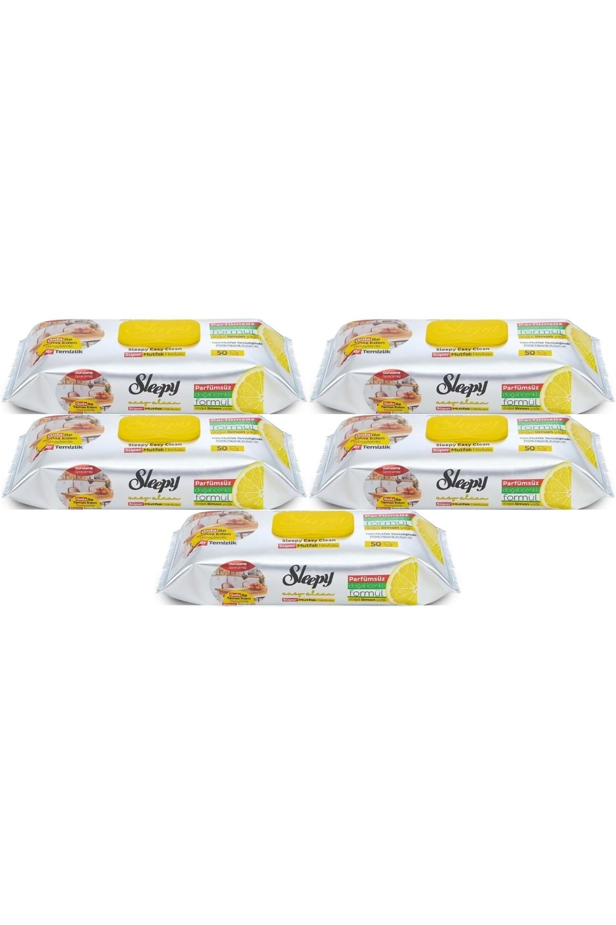 Sleepy Easy Clean Yüzey Temizlik Mutfak Havlusu -Mendili 50 Yaprak Limon Yağlı (5Li Set) 250 Yaprak