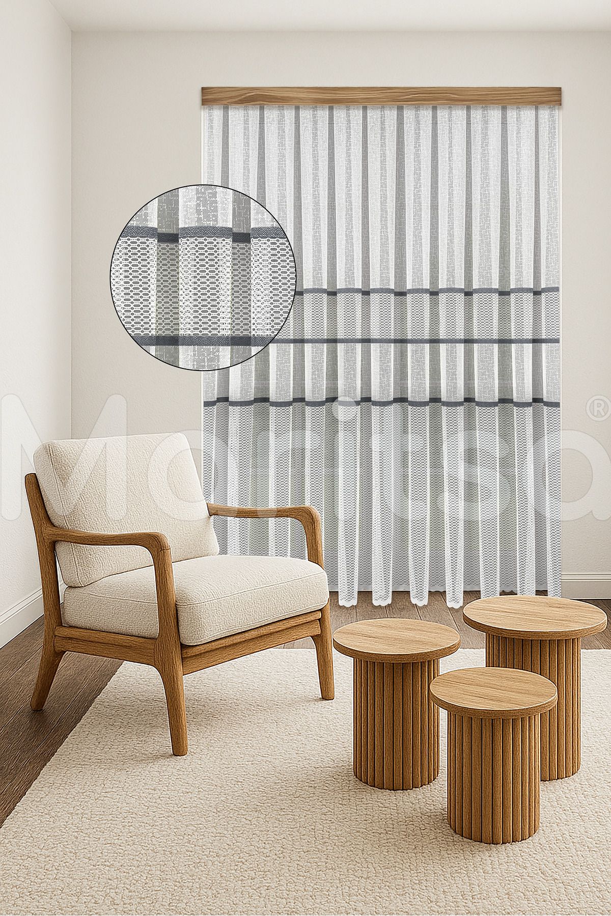 MARİTSA Tül Perde - Örme Serisi Modern Klasik Gri Dantel Detaylı File Desen Beyaz Sık Pile(1x3) Curtain