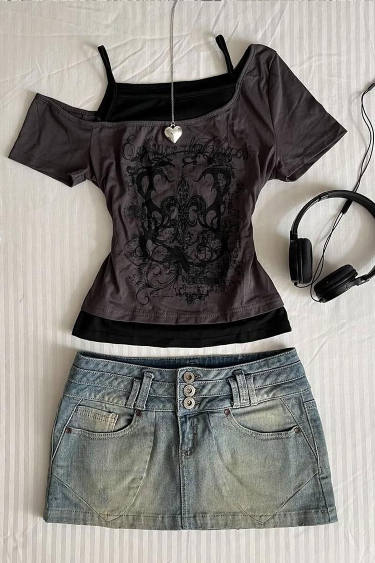 BALİNA Füme Embrace The Chaos Ek Askılı Kısa Kollu Full Body Crop -ALH