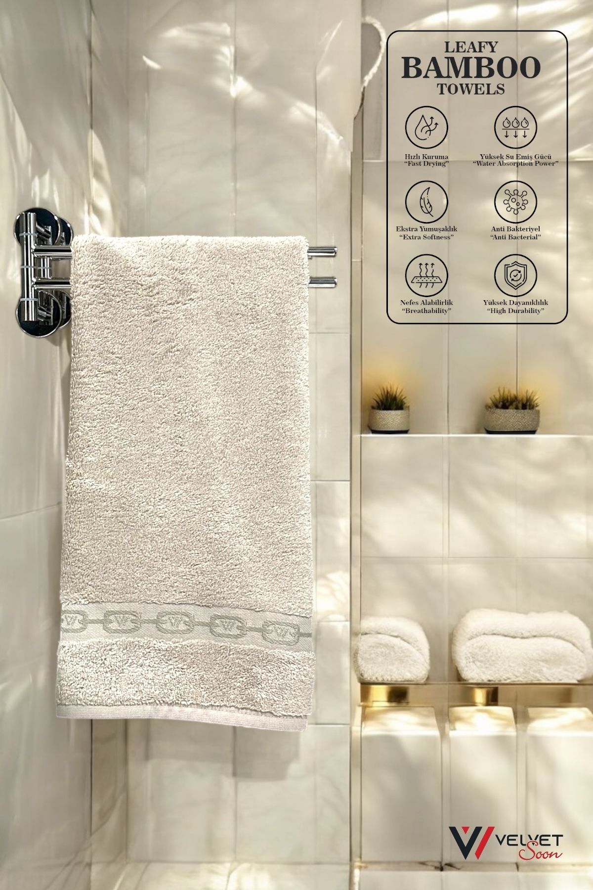 Velvet Soon Bambu Bej Zincir Bordür 50x90 El Ve Yüz Havlusu