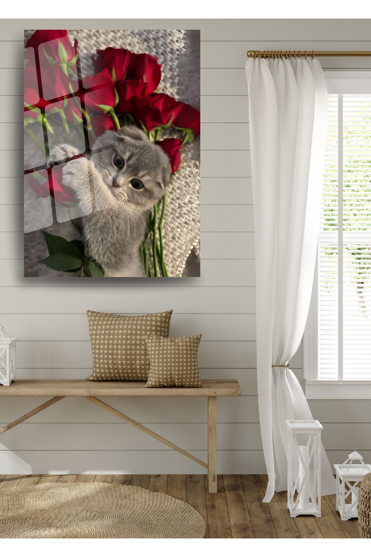 Glit Glass Cam Tablo – Kedi ve Gül Temalı