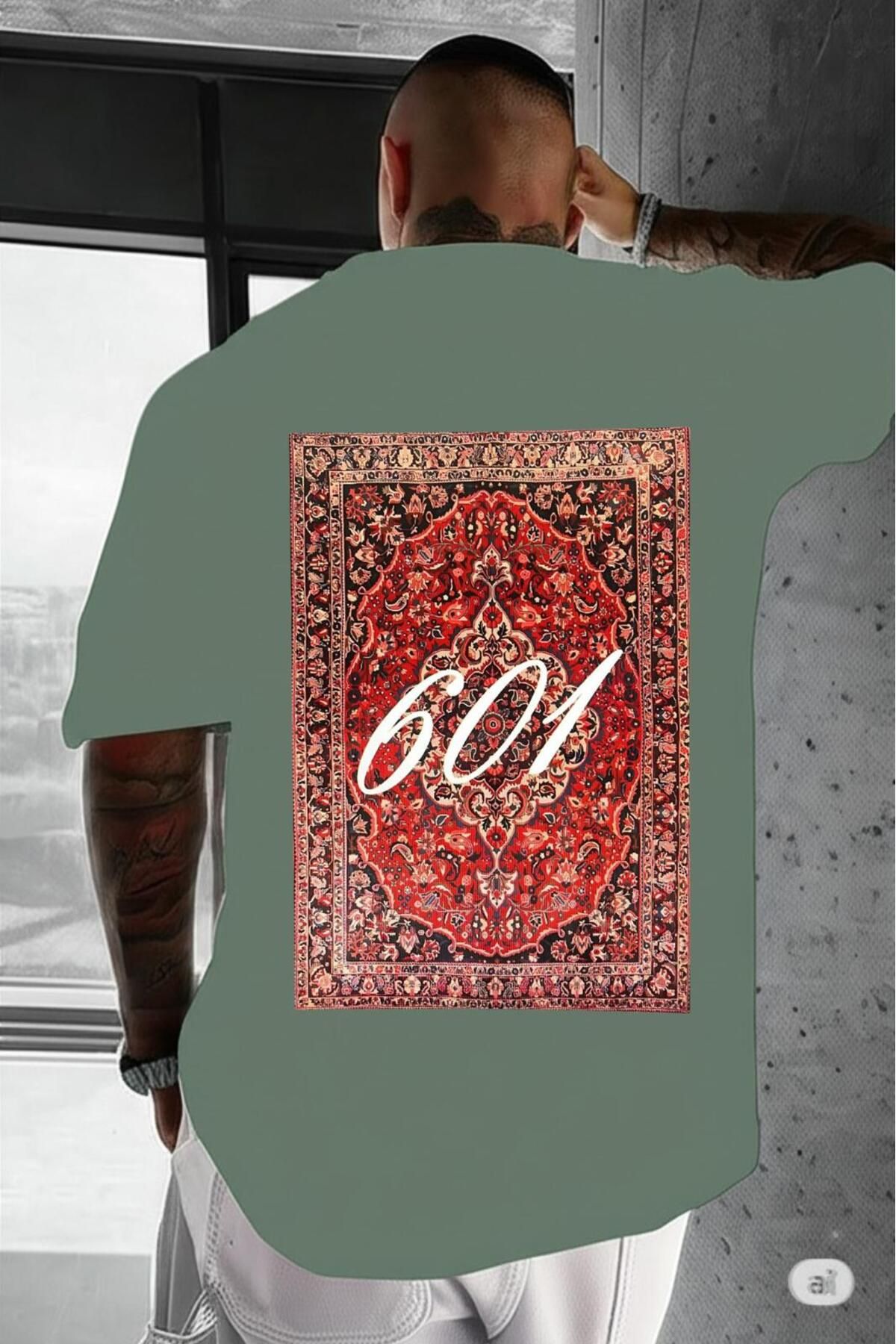 NO 601 Erkek Yeşil No601 Carpet Baskılı Oversize Tshirt