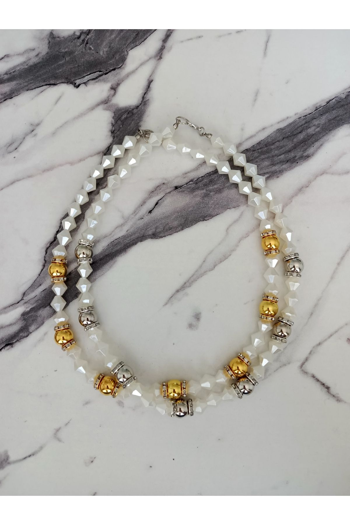 Cimcimoloji Doğal Taş görünümlü Silver ve Gold Detaylı İki Adet İnci Kolye