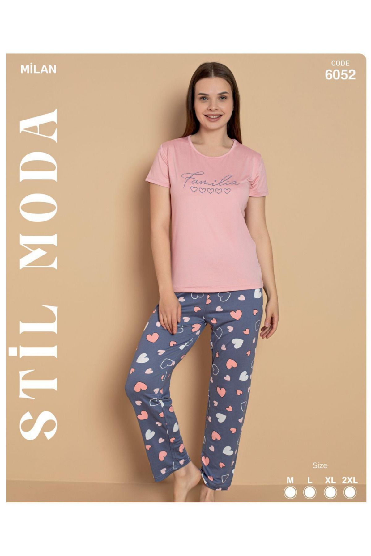 Stil Moda Kalp Temalı Pembe Pijama Alt Üst 6052