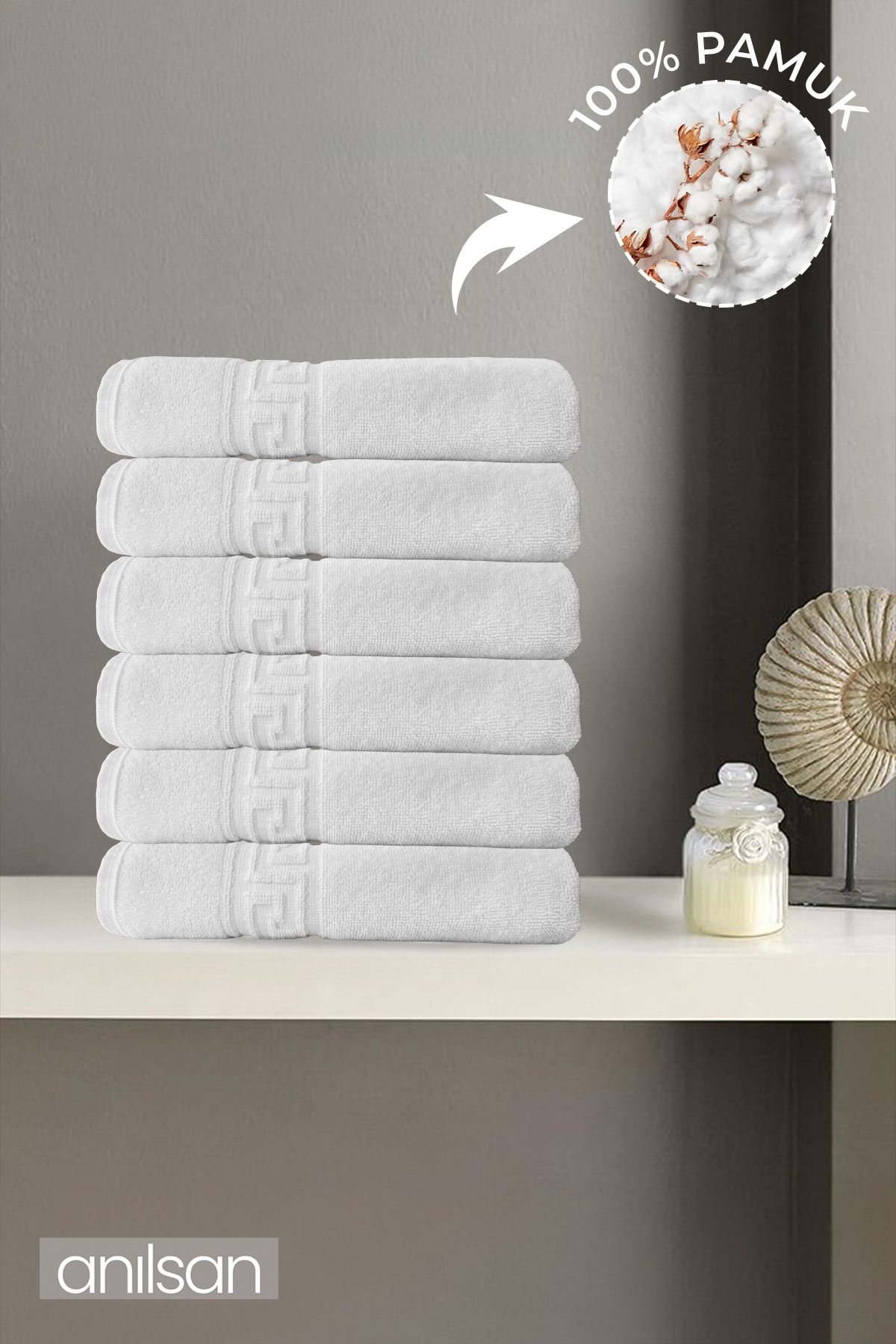 Anılsan 6'lı Beyaz Greek Mini El, Yüz Havlusu 75Gr. - 30x50 Cm, %100 Pamuk, Spa Ve Otel Havlusu