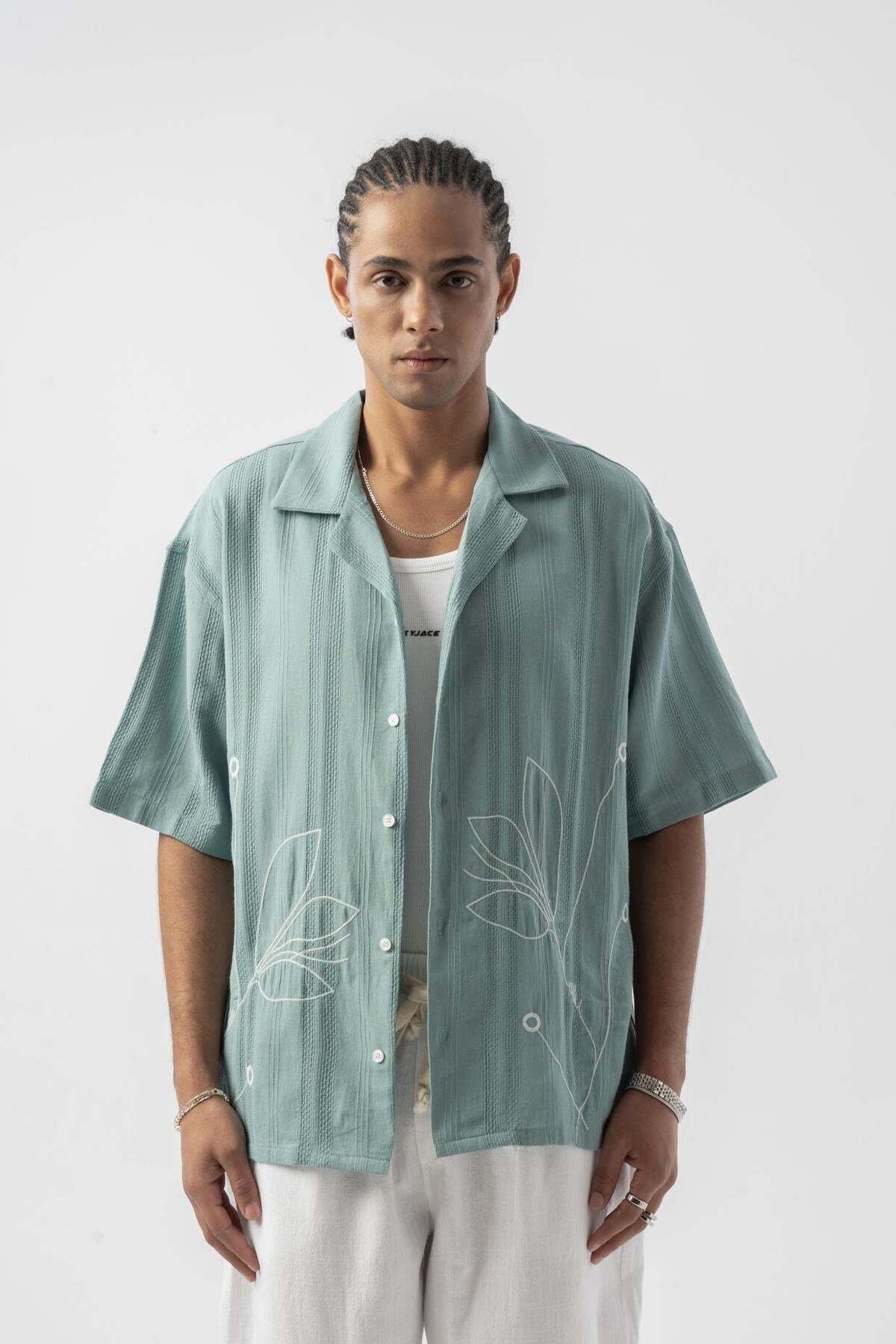 jaceyjace Çiçek Nakışlı Oversize Gömlek - Açık Yeşil