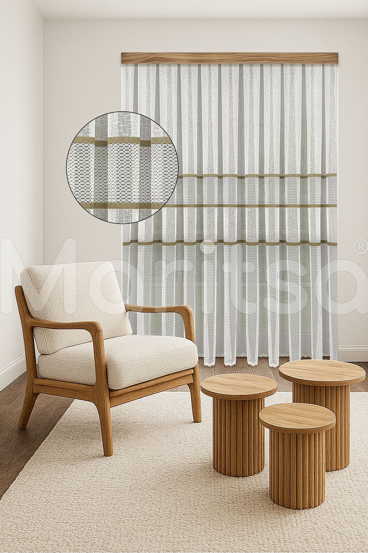 MARİTSA Tül Perde - Örme Serisi Modern Klasik Gold Dantel Detaylı File Desen Ekru Sık Pile(1x3) Curtain
