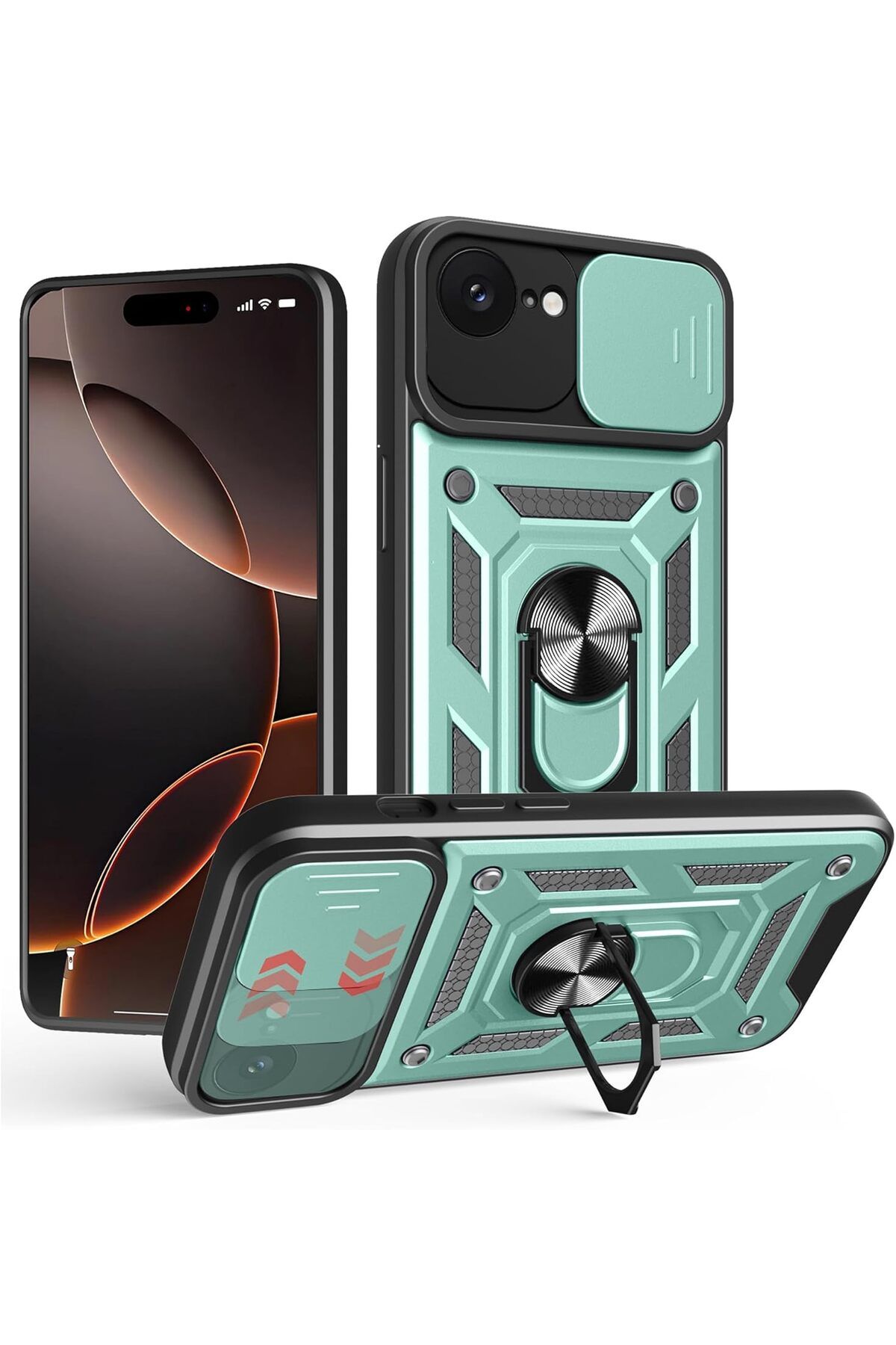 Rivor Apple iPhone 16e Uyumlu Kılıf Kamera Sürgülü Standlı Yüzüklü Darbe Emici Zırh Koruyucu Tank Kapak