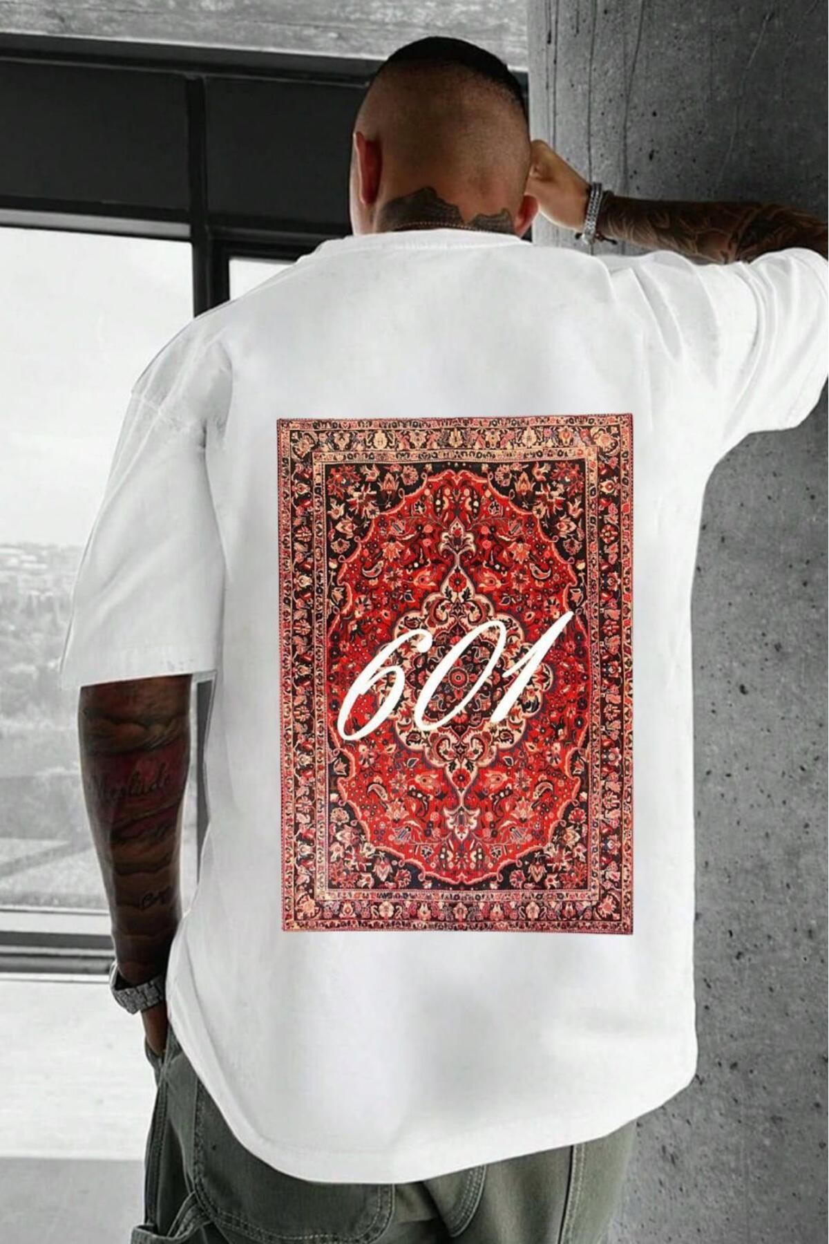 NO 601 Erkek Beyaz No601 Carpet Baskılı Oversize Tshirt