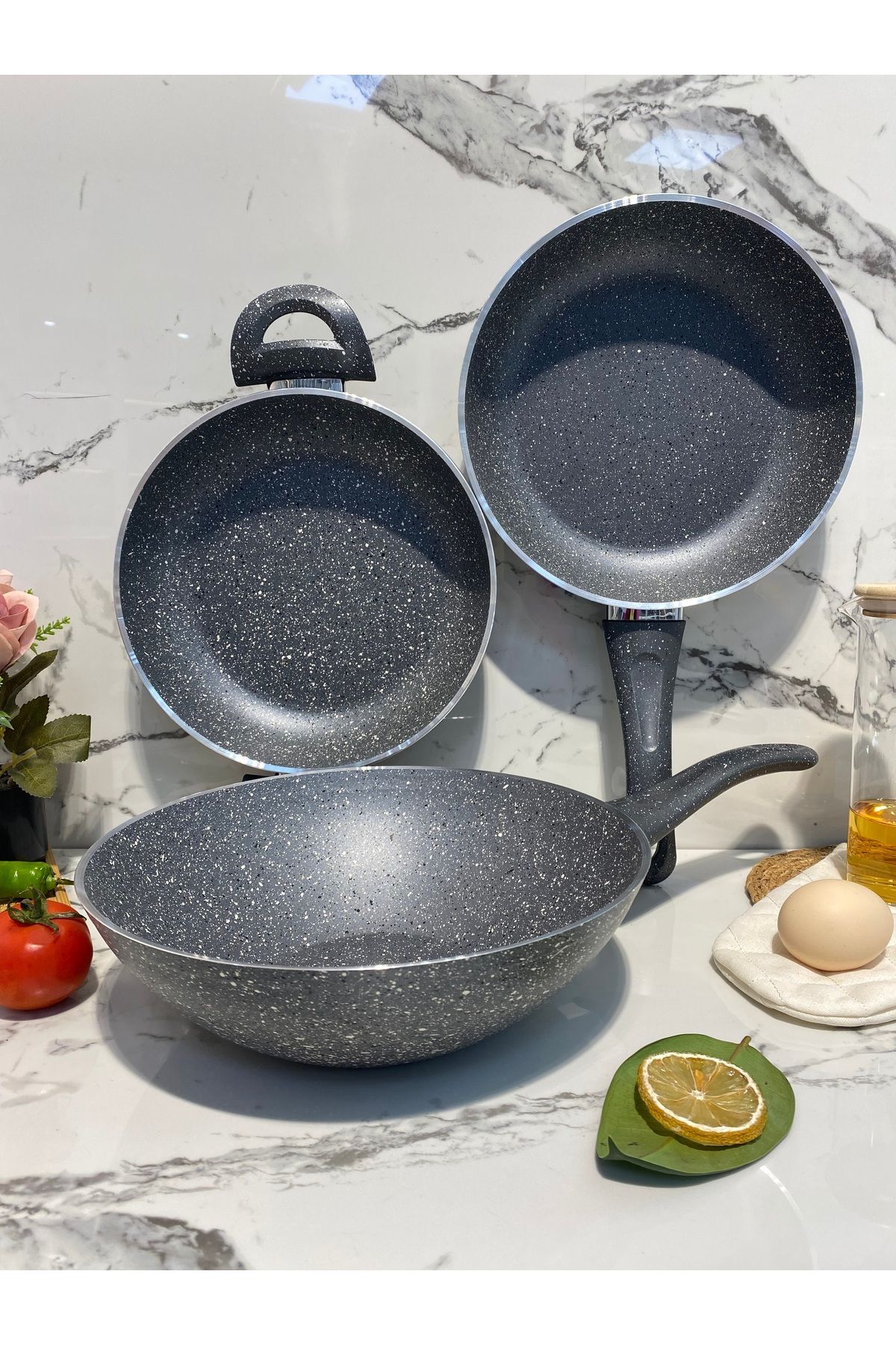 Elvira Granit Tava Set (28 cm Wok-24 cm Tava-20 cm Sahan)