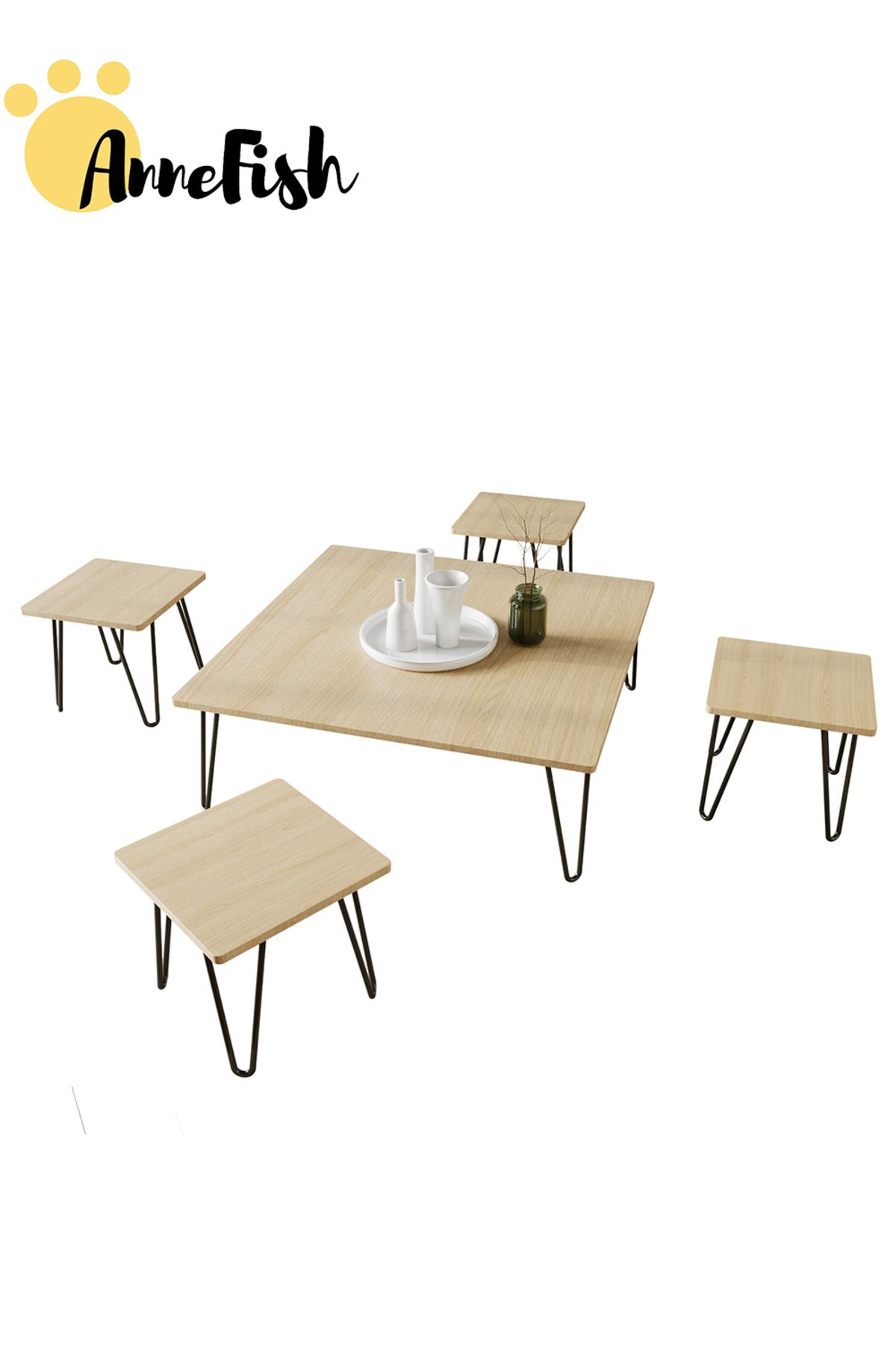 AnneFish-5pcs Floor Coffee Table Set Low Square Home Nesting Friends Gathering Table Set Of 5 Side Table 7