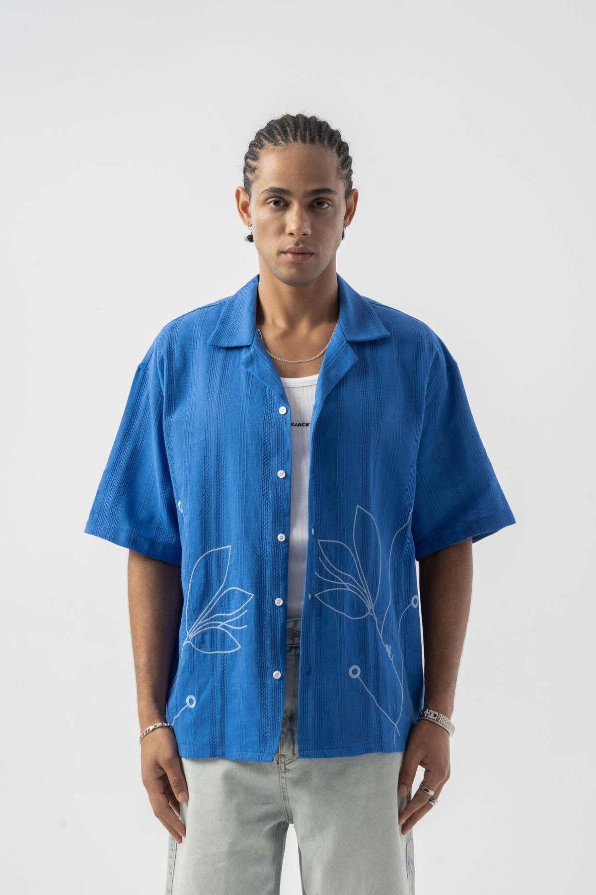 jaceyjace Çiçek Nakışlı Oversize Gömlek - Saks Mavisi