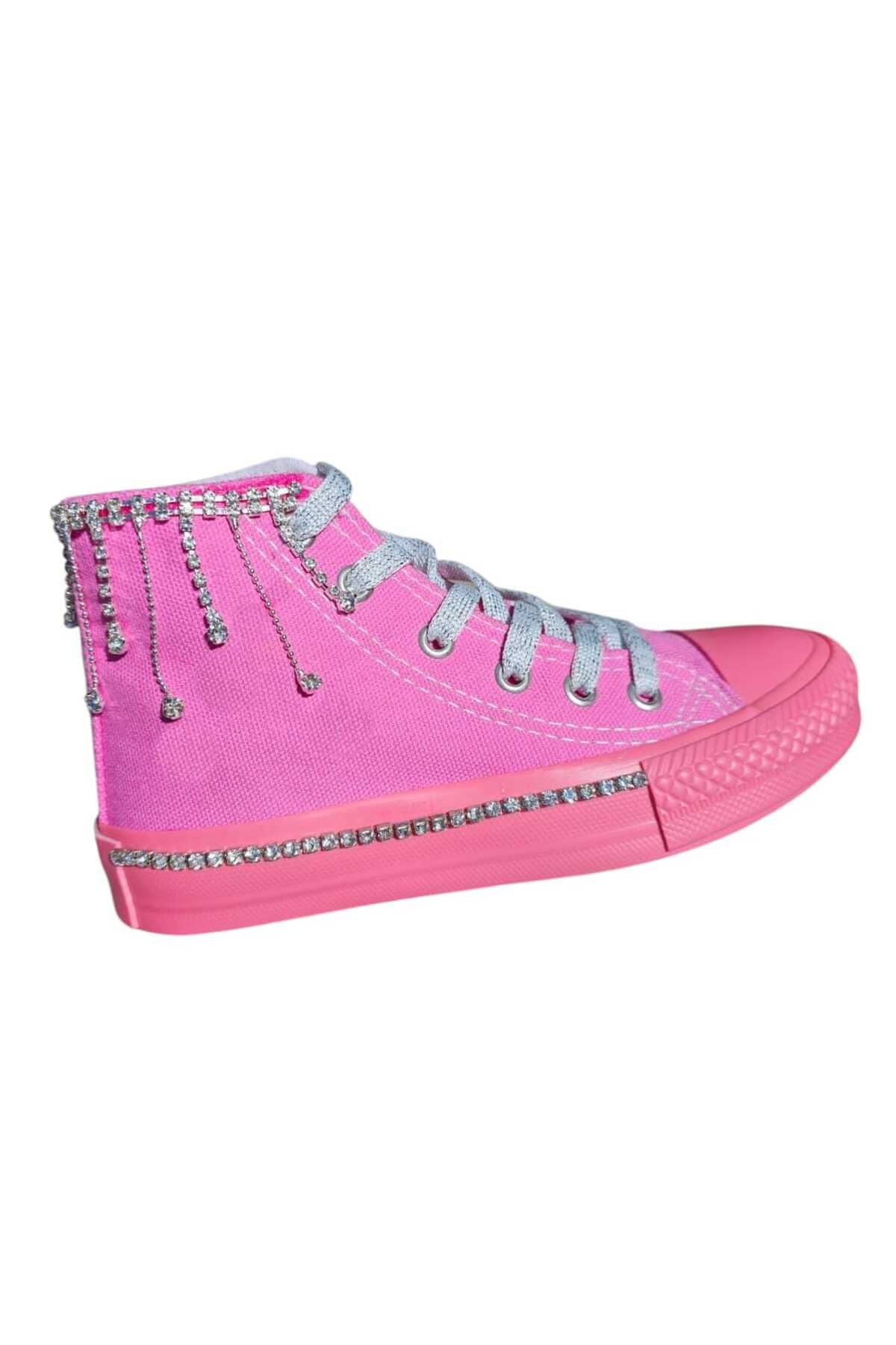 LİASSHOES pembe pembe taban keten bağcıklı ışıltı detay çocuk spor ayakkabı sneaker