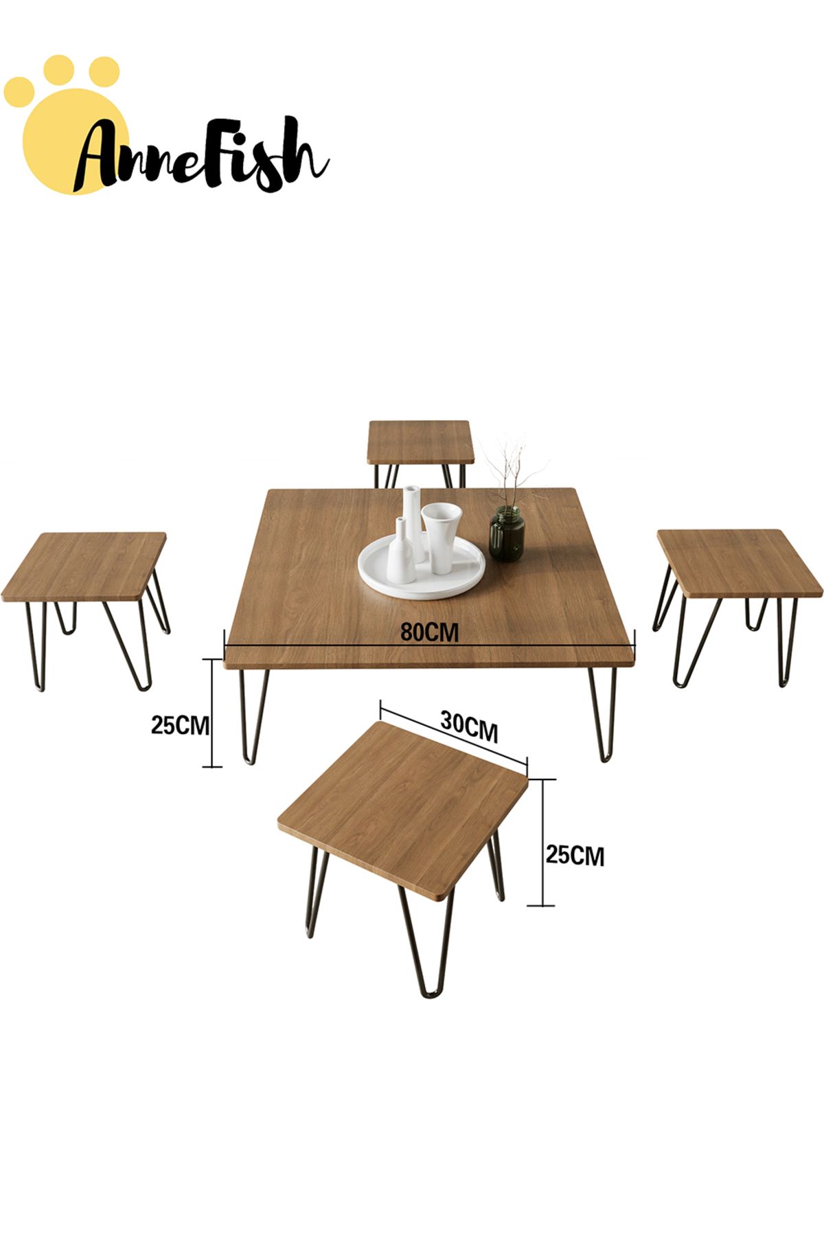 AnneFish-5pcs Floor Coffee Table Set Low Square Home Nesting Friends Gathering Table Set Of 5 Side Table 3
