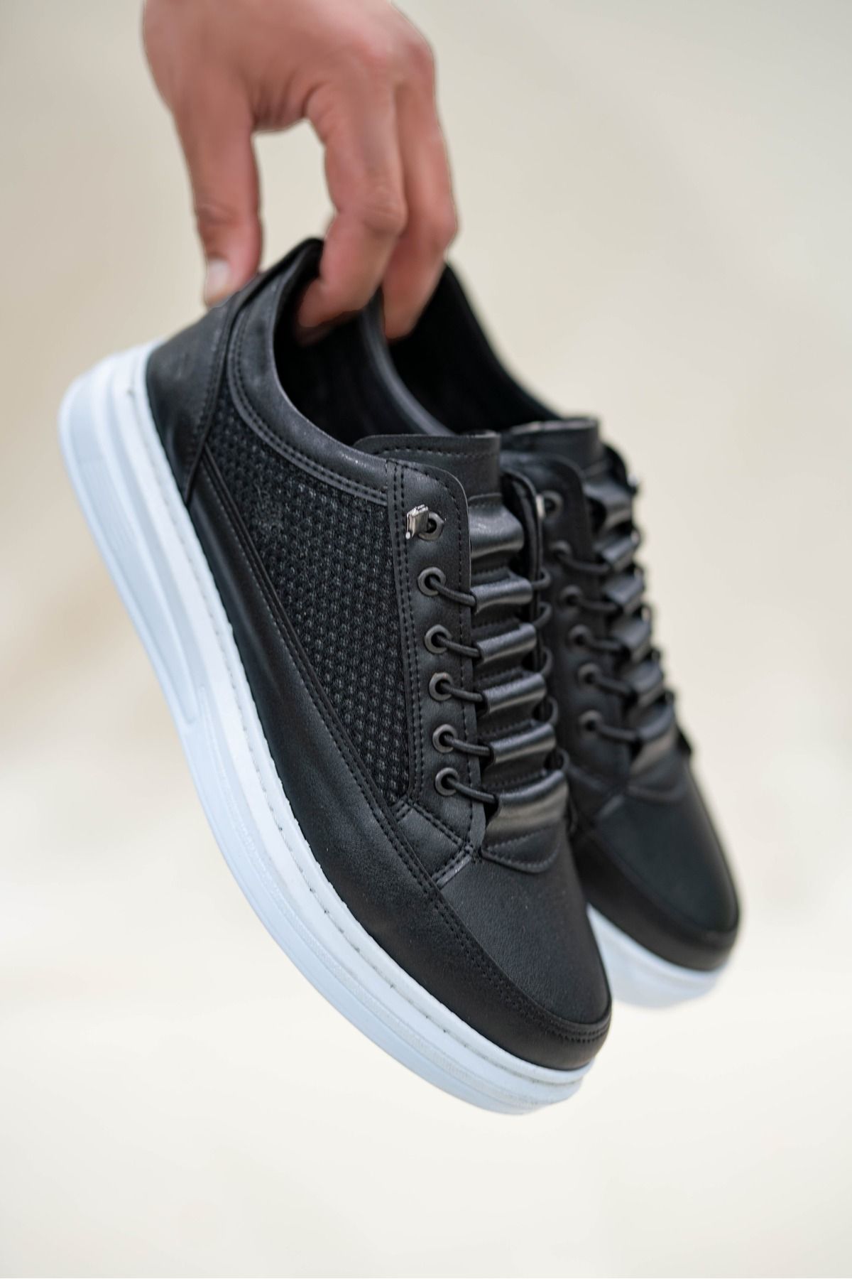 BİKAJOO Erkek Siyah Beyaz Fileli Lastikli Günlük Casual Ayakkabı Sneaker BKJ4060