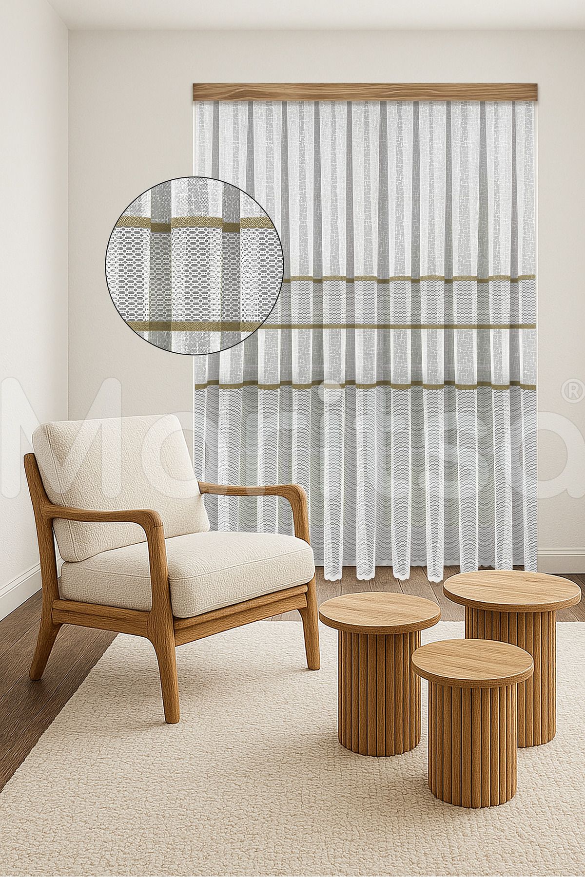 MARİTSA Tül Perde - Örme Serisi Modern Klasik Gold Dantel Detaylı File Desen Beyaz Sık Pile(1x3) Curtain