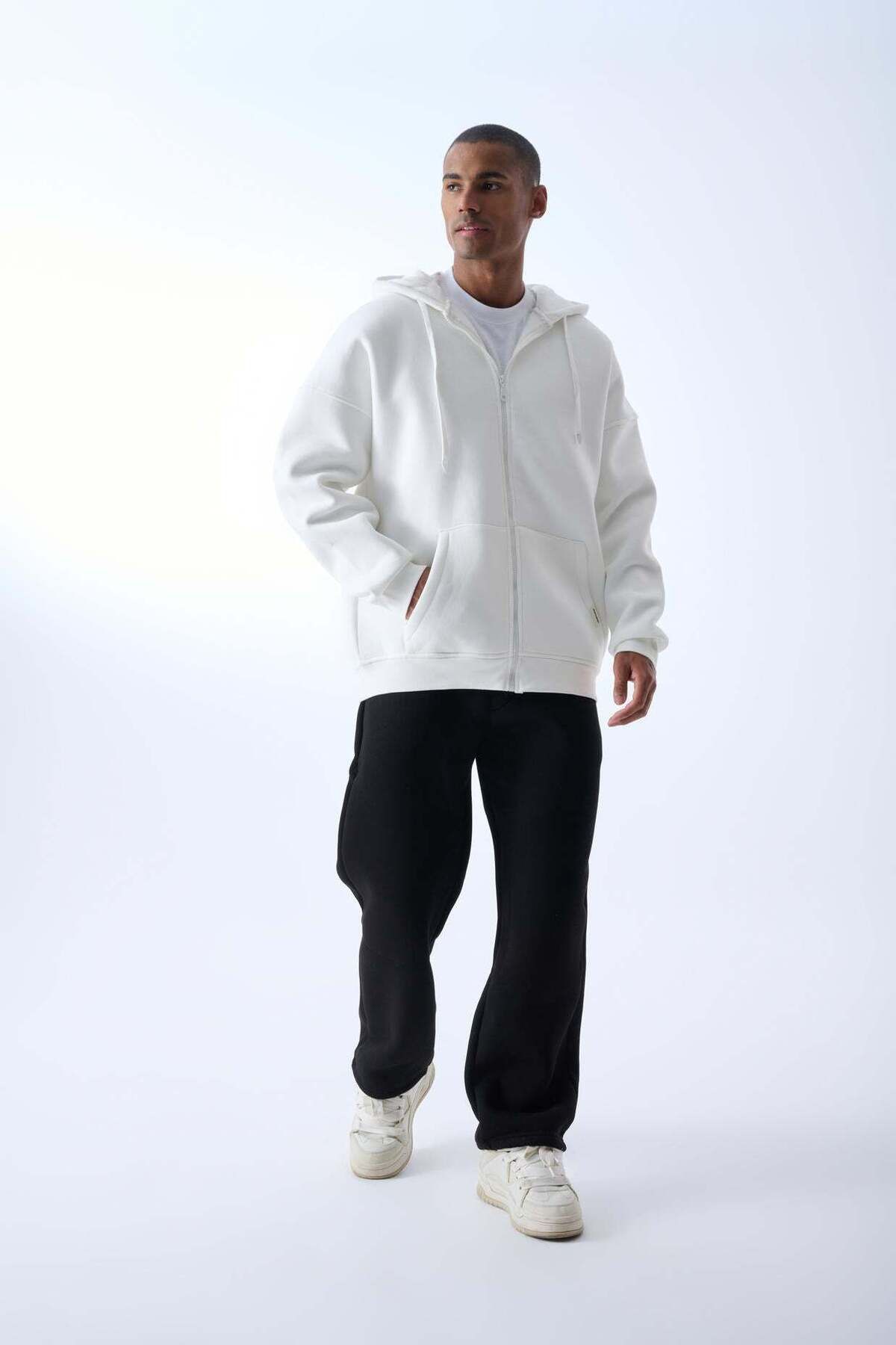 jaceyjace Fermuarlı Basic Kapüşonlu Sweatshirt - Ekru