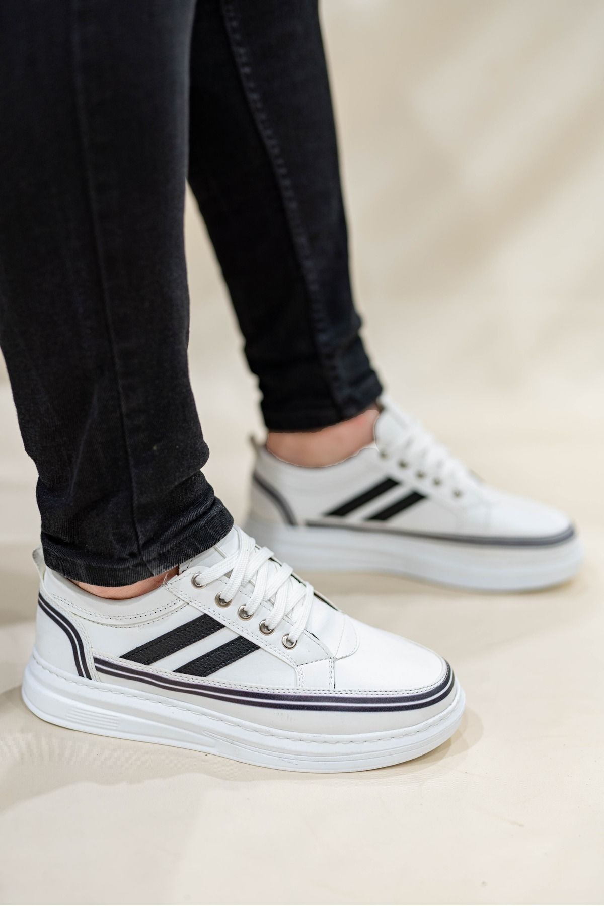 Nubbock Erkek Beyaz Çizgili Bağcıklı Günlük Casual Ayakkabı Sneaker NK4048
