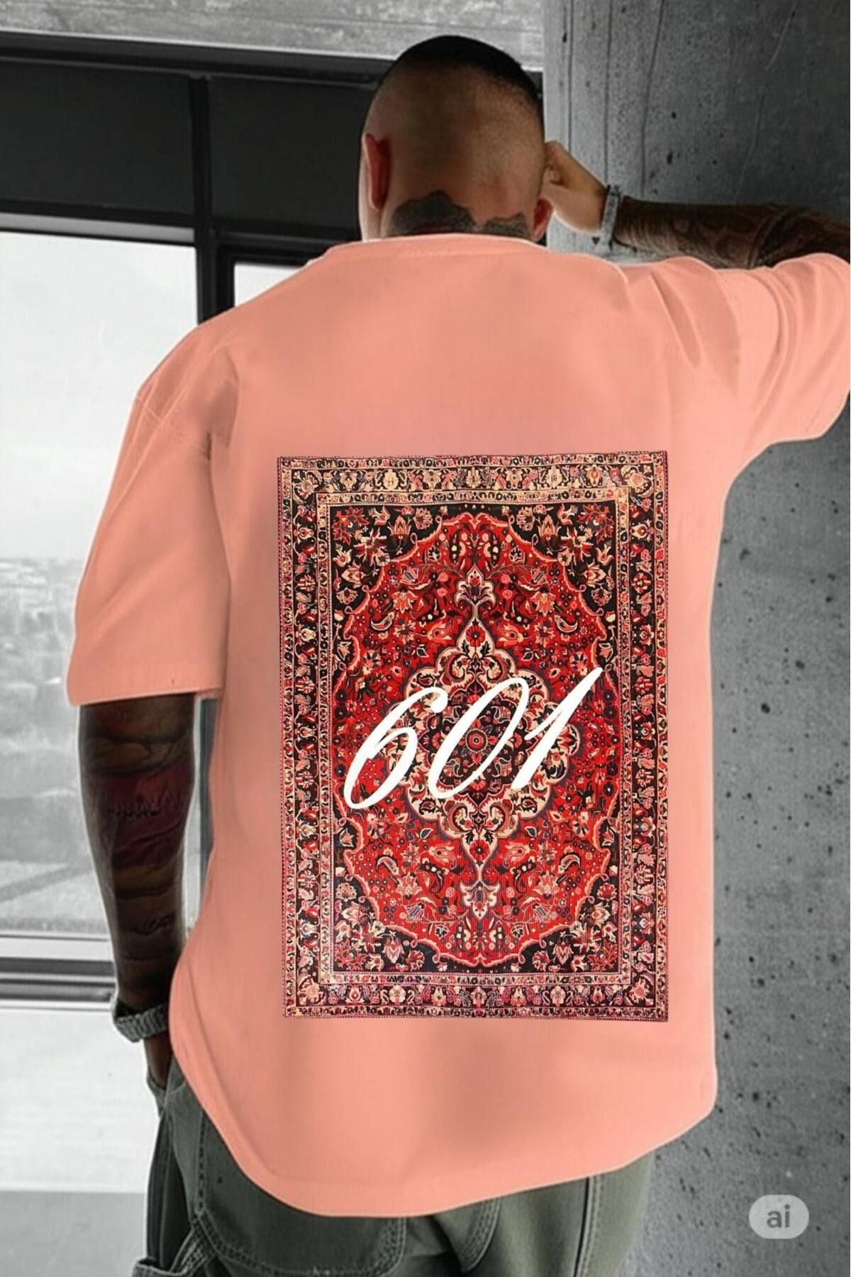 NO 601 Erkek Pembe No601 Carpet Baskılı Oversize Tshirt
