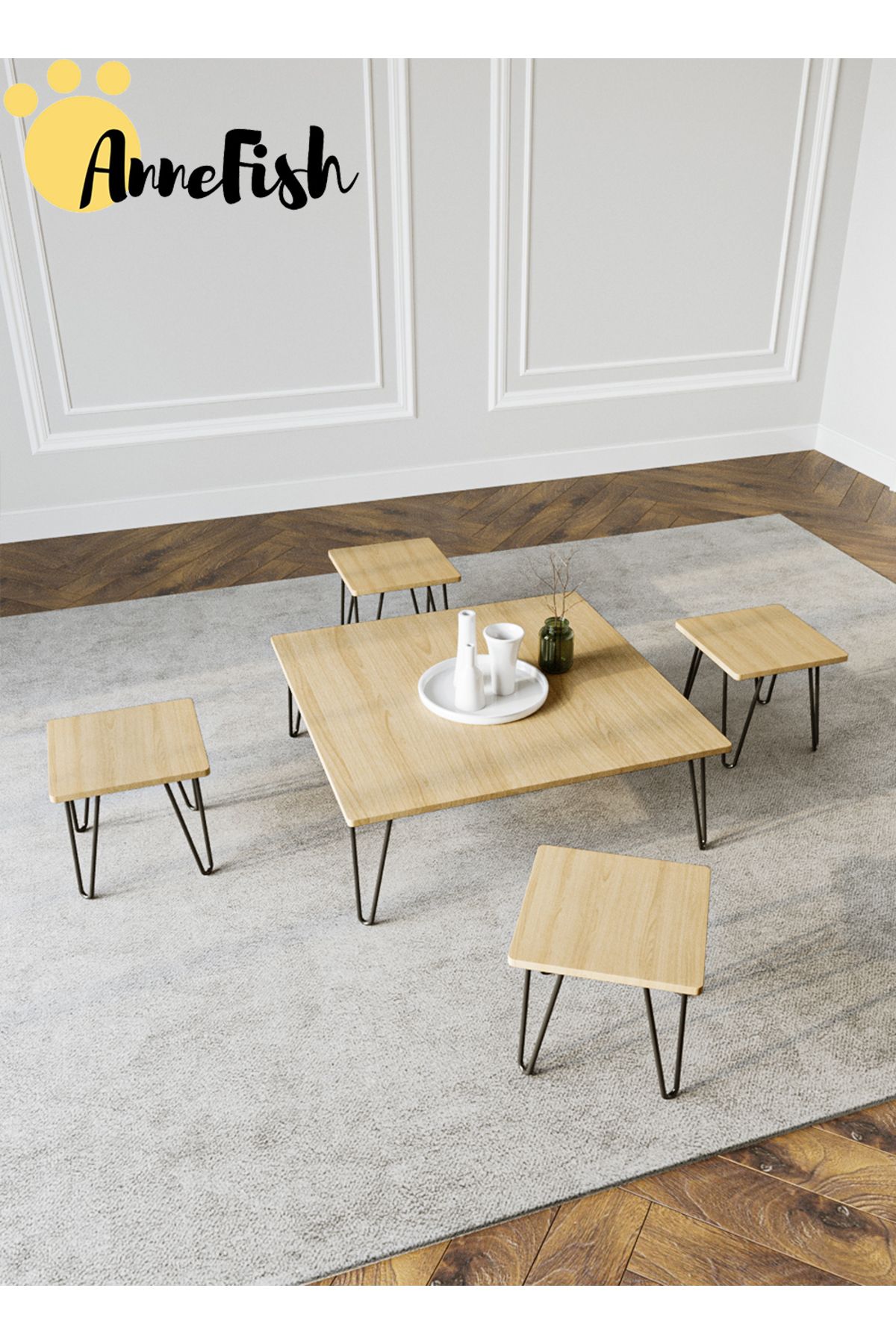 AnneFish-5pcs Floor Coffee Table Set Low Square Home Nesting Friends Gathering Table Set Of 5 Side Table 4
