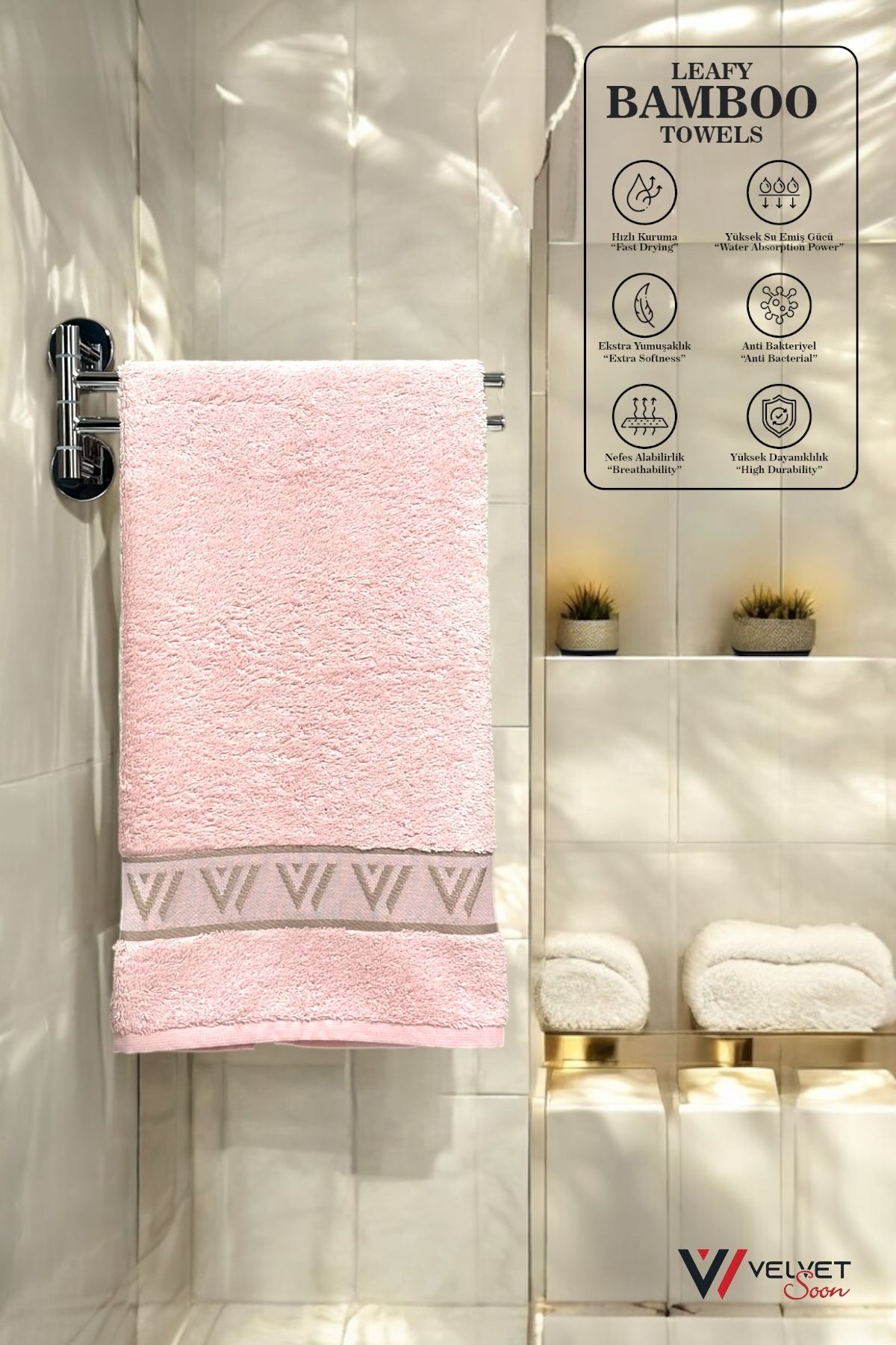Velvet Soon Bambu Pembe V Bordür 50x90 El Ve Yüz Havlusu