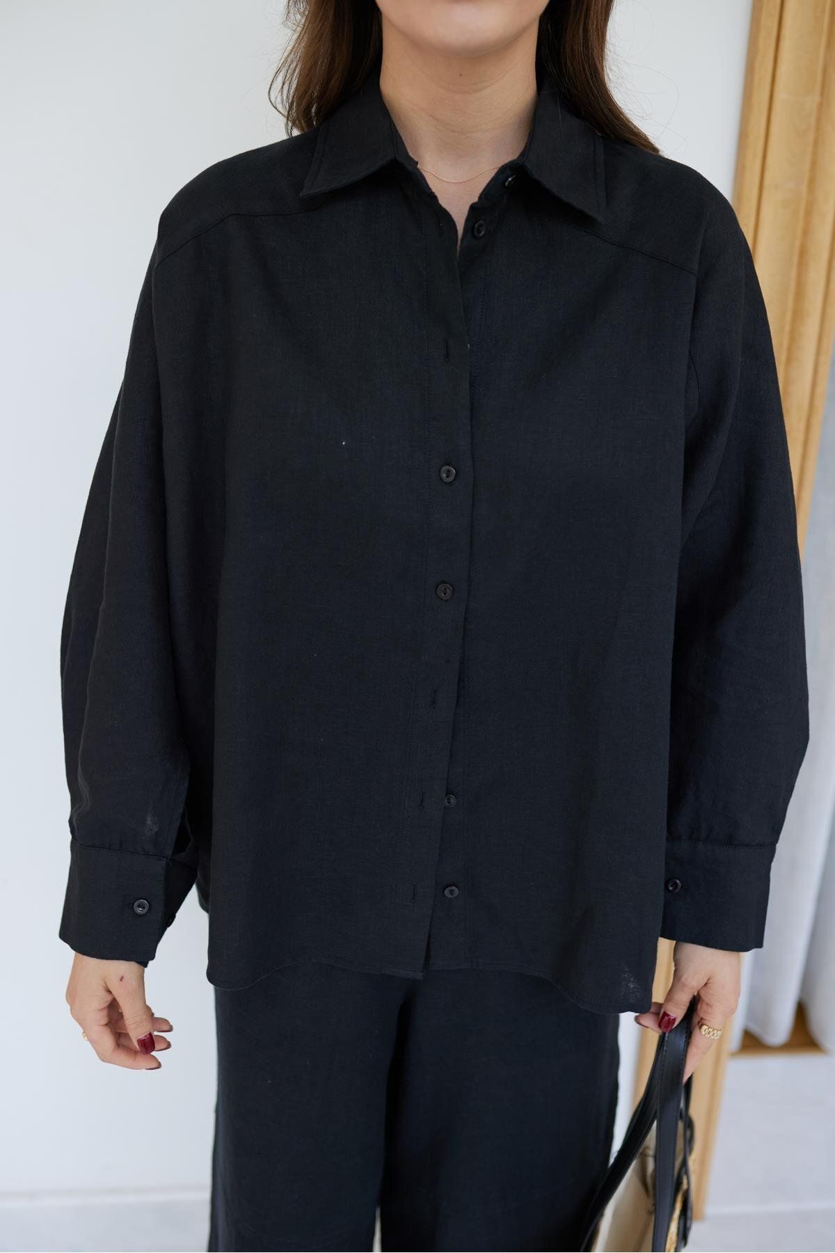 Askı Tekstil Siyah Kol Detaylı Oversize Keten Gömlek