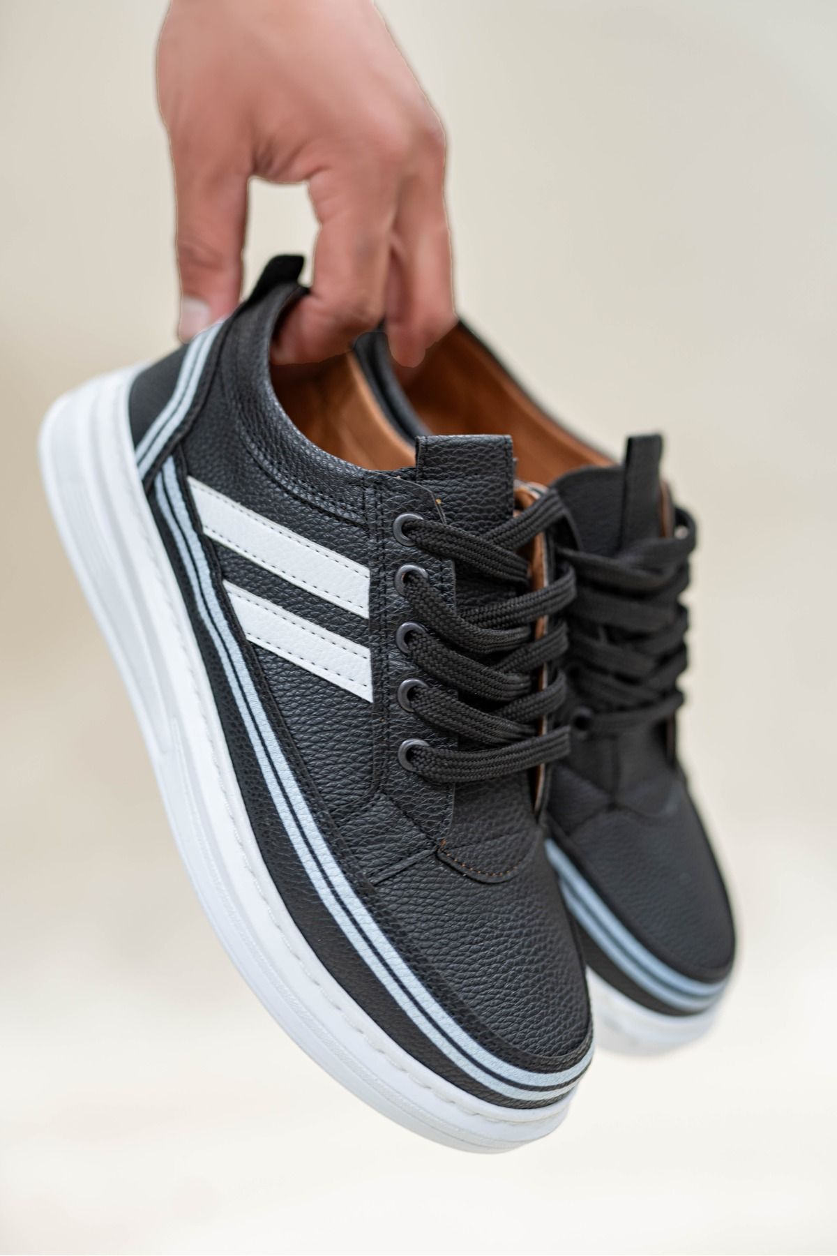 BİKAJOO Erkek Siyah Çizgili Bağcıklı Günlük Casual Ayakkabı Sneaker BKJ4048
