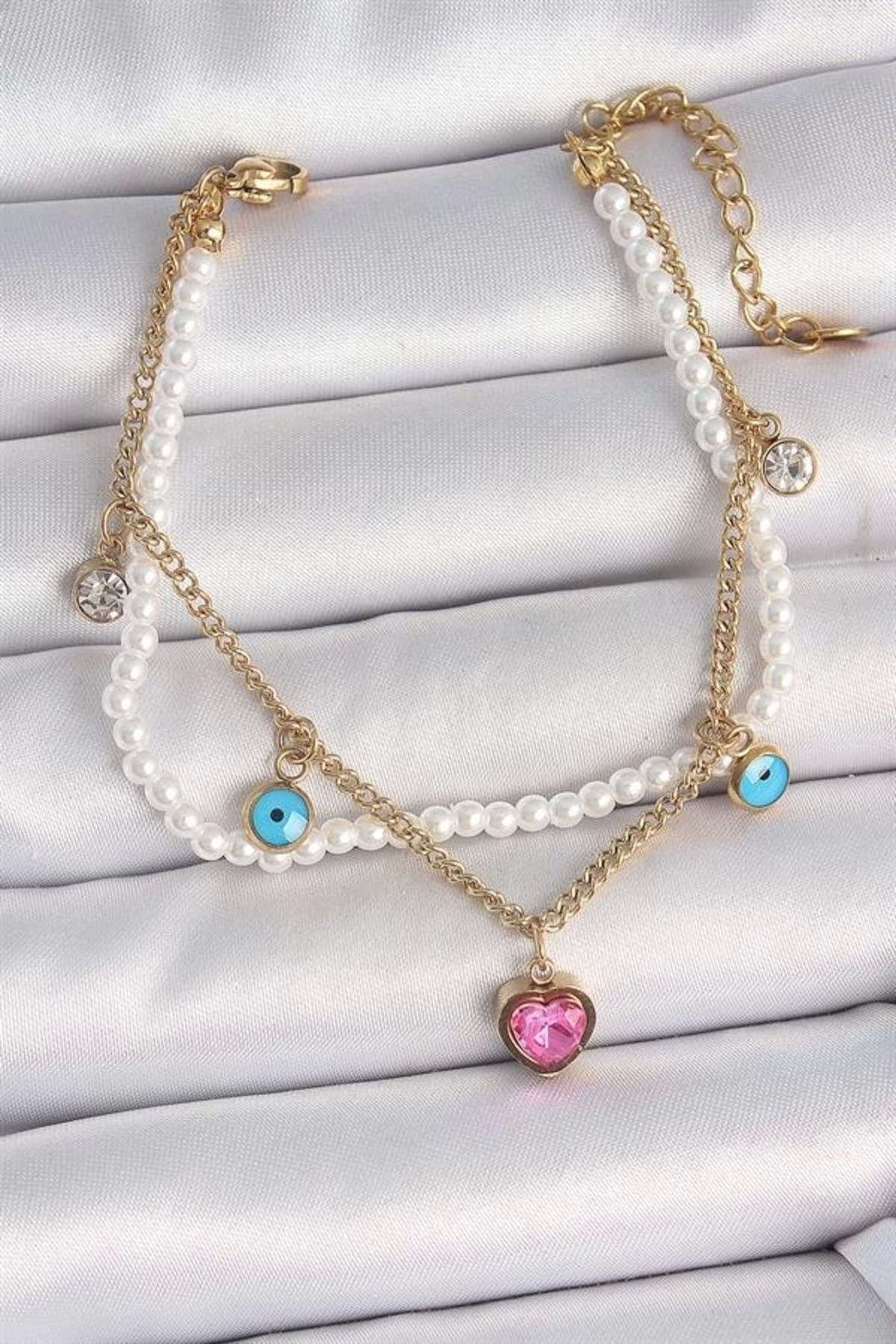 FASHIONLINE 316L Çelik Gold Renk 2'Li İncili Zincir Sallantı Pembe Kalp Model Nazar Boncuk Detay Kadın Bileklik