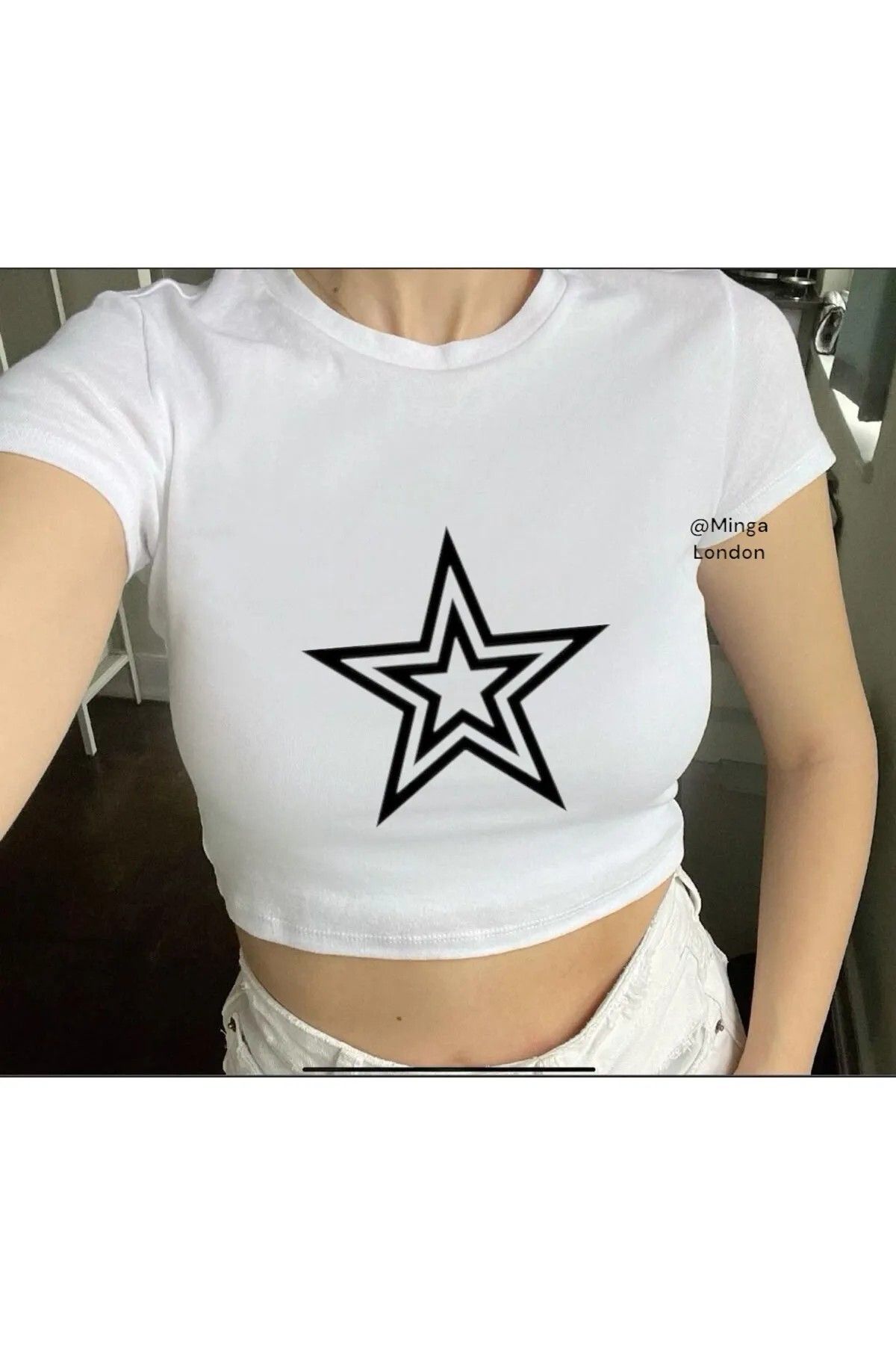 DEEFWEAR Beyaz Black Star Crop Bluz