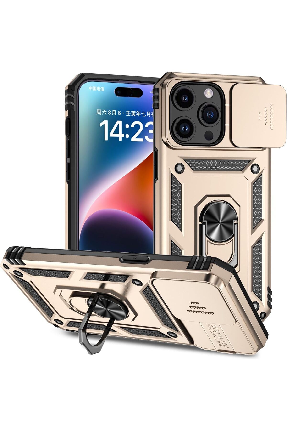 Rivor Apple iPhone 13 Pro Uyumlu Kılıf Kamera Sürgülü Standlı Yüzüklü Darbe Emici Zırh Koruyucu Tank Kapak