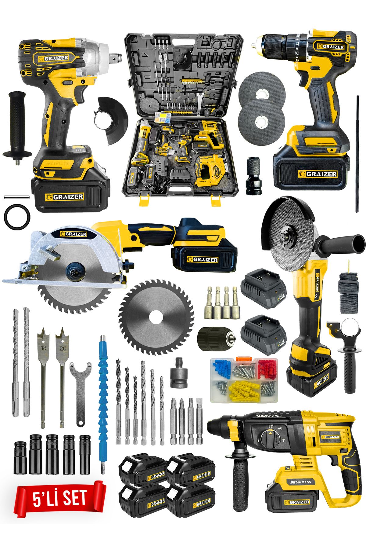 Graizer Powerforge Profesyonel Kömürsüz 4 Bataryalı Çelik Şanzıman 5'li Set Sunta Kesmeli-Sarı