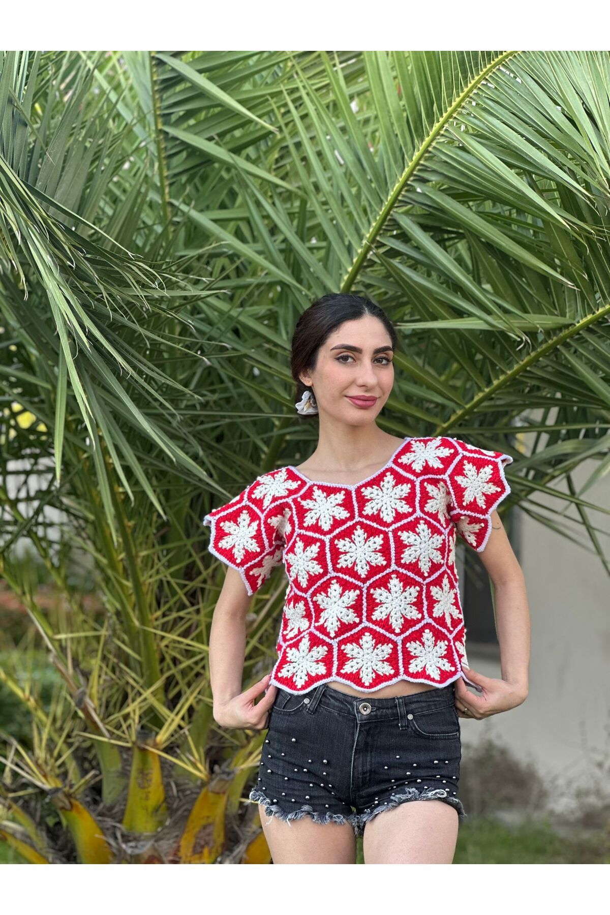 Gönülden Tasarım EL ÖRGÜSÜ KAR TANESİ MOTİFLİ KADIN BLUZ S/M/L