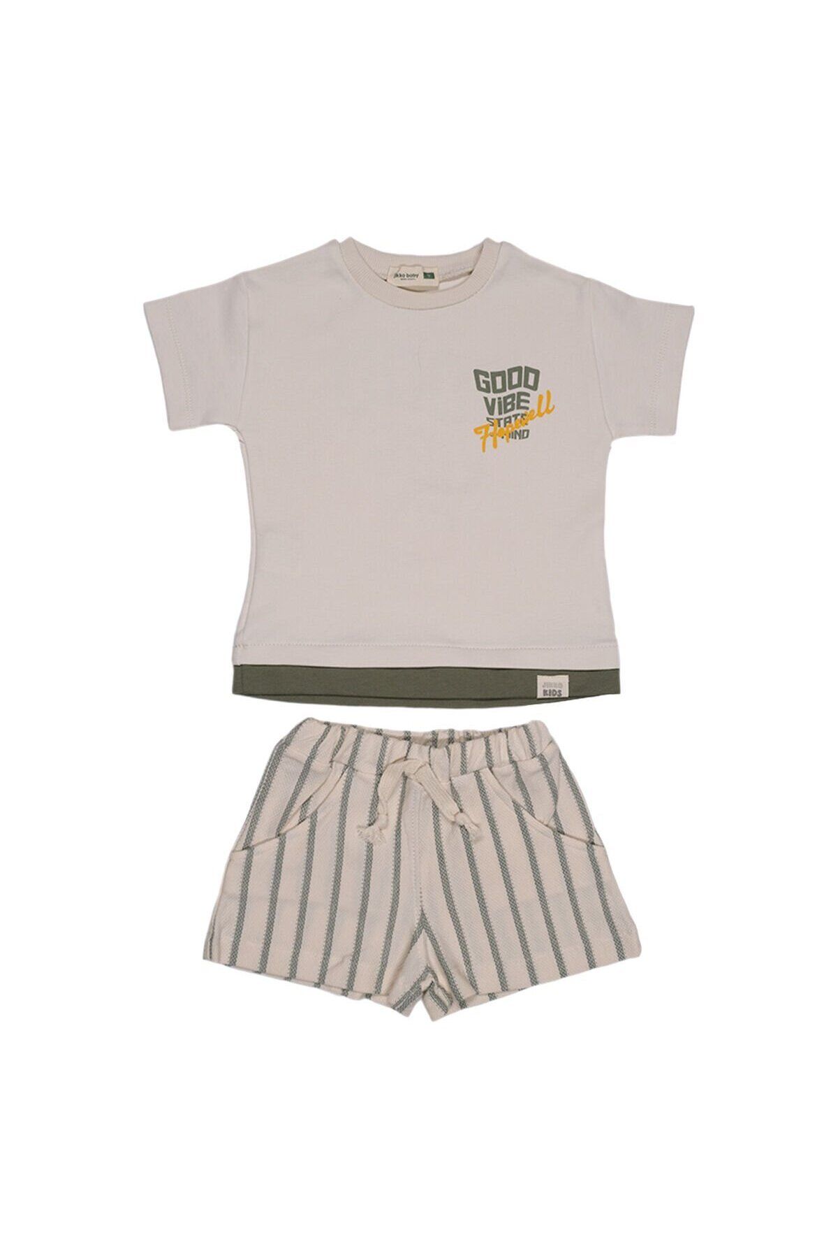 Jikko Baby ''Good Vibe State of Mind'' Erkek Bebek Takım - Sırtı Baskılı Kısa Kollu Tişört ve Çizgili Şort