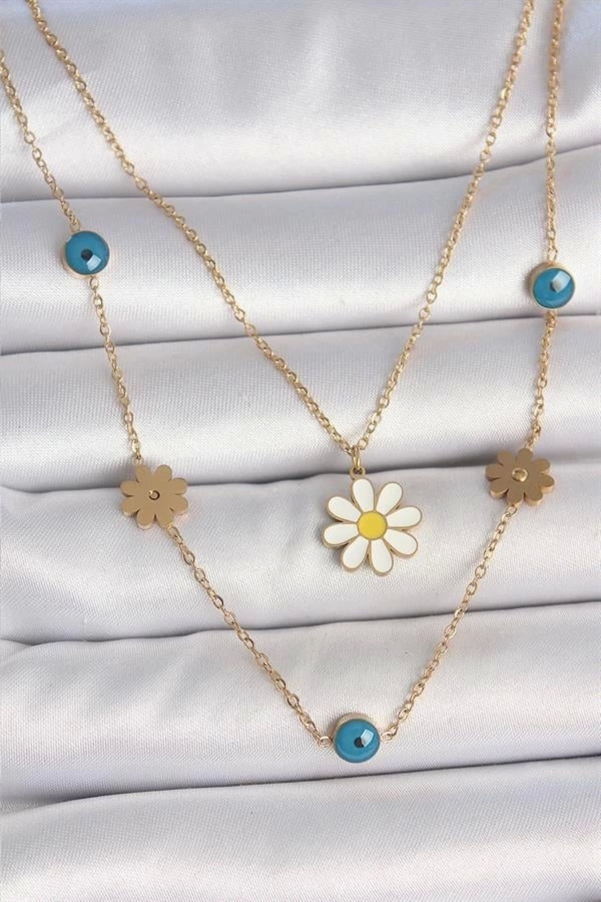 FASHIONLINE 316L Çelik Gold Renk 2'Li Zincir Model Papatya Figür Nazar Boncuk Detay Kadın Kolye