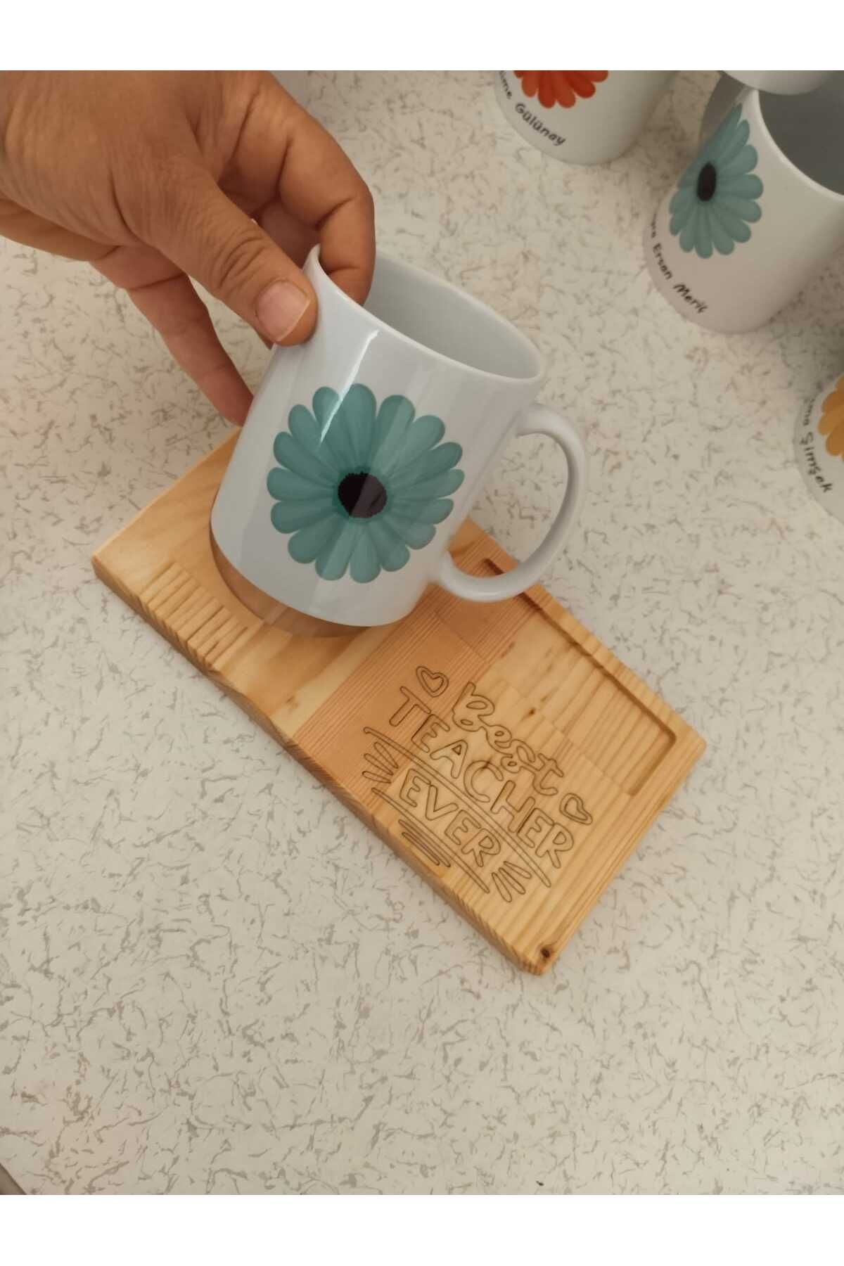 KaleTreeWood Kupa & Ahşap Tepsi Hediye Seti, En iyi öğretmen, Best Teacher Ever, Çiçekli Kupa, Sana özel