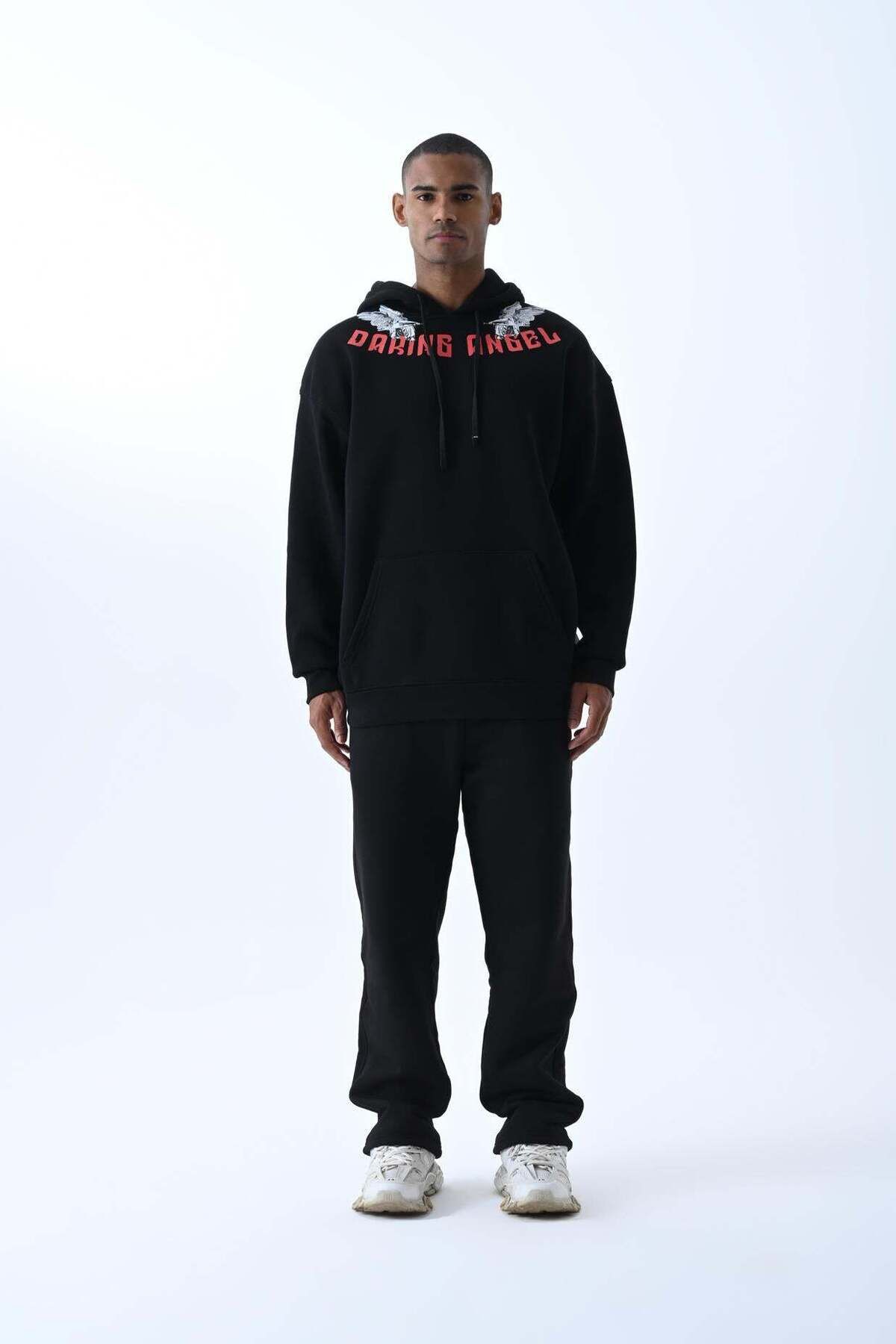 jaceyjace Angel Baskılı Kapüşonlu Oversize Sweatshirt - Siyah