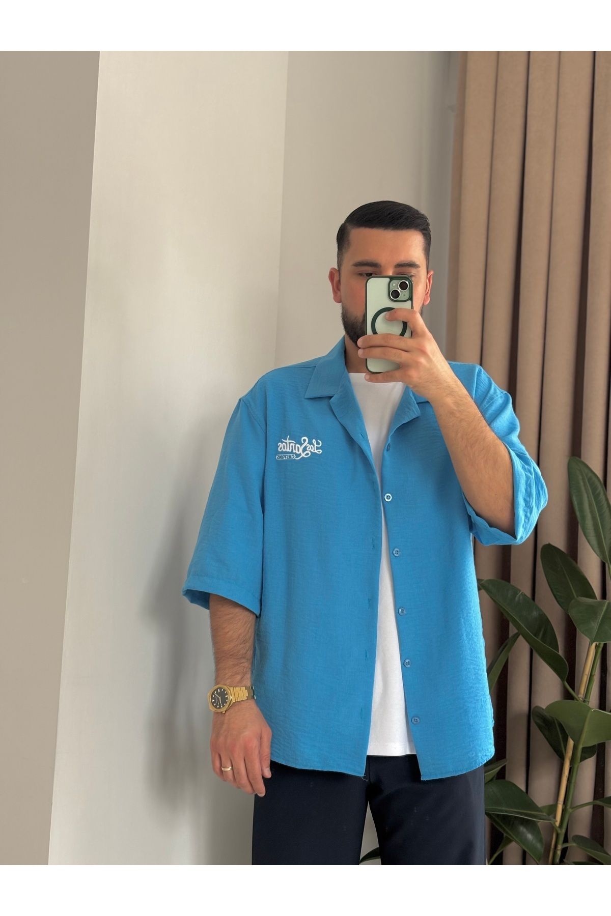 ONUR ERBİL MODA Erkek Yazlık Oversize Gömlek - Turkuaz | Sokak Modası Stil