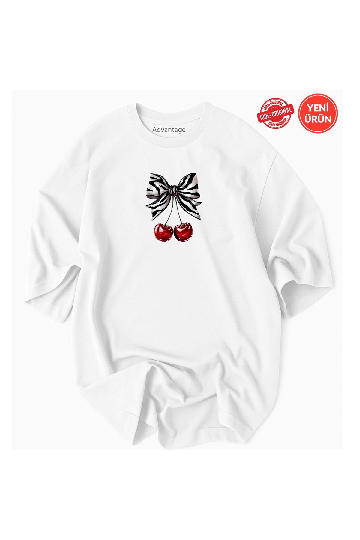 Advantage Kadın Fiyonk Kiraz Desenli %100 Pamuklu Premium T-Shirt