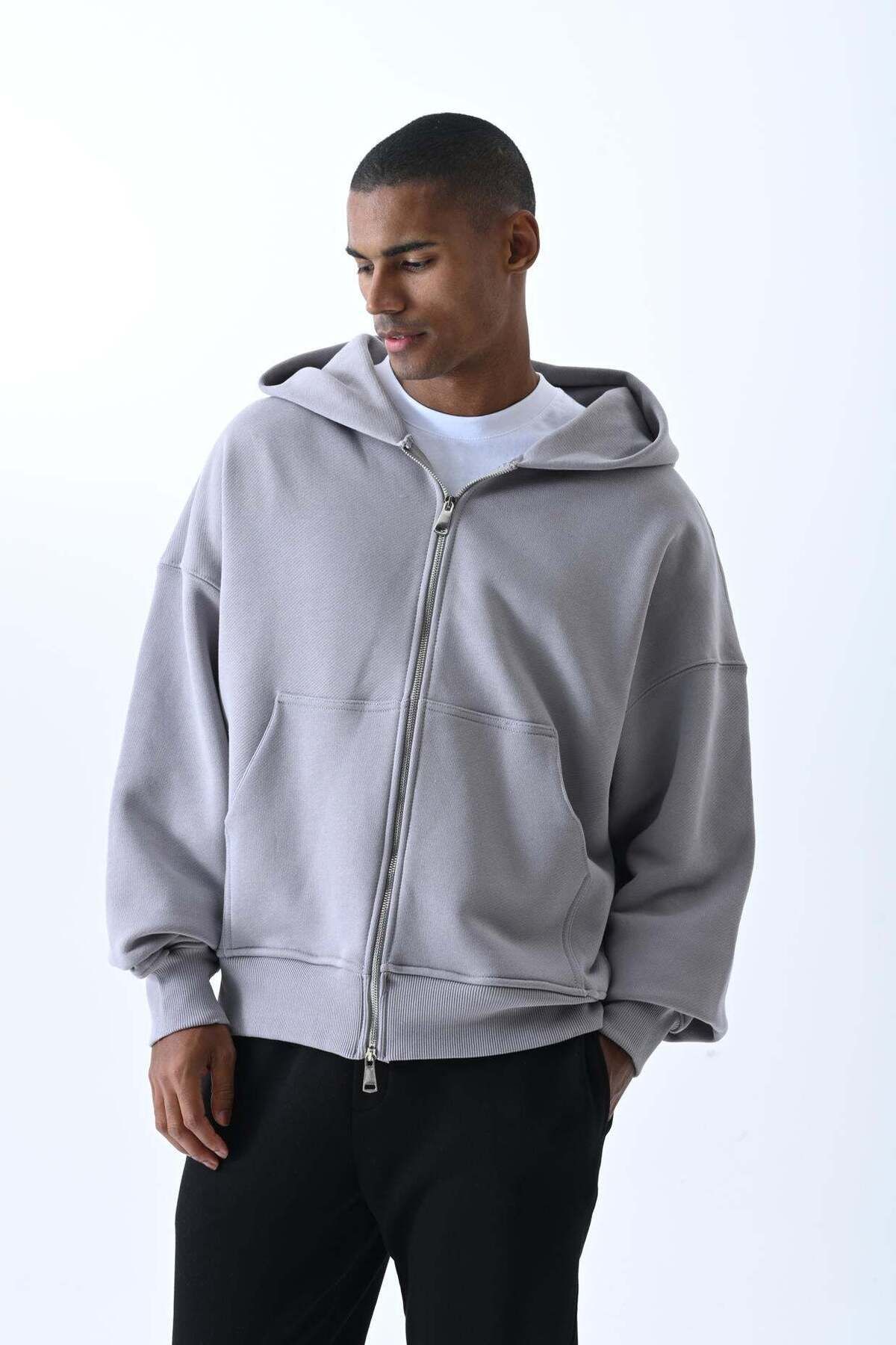 jaceyjace Fermuarlı Basic Oversize Sweatshirt - Gri