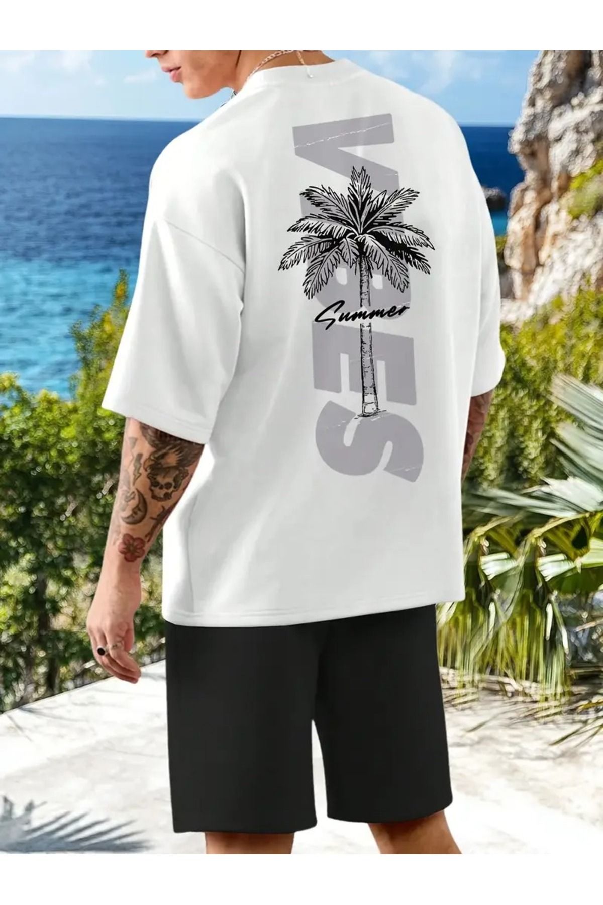 LAND MODA parça Erkek Günlük Takım, Arka Harf LOGO Hindistan Cevizi Ağacı Desenli,