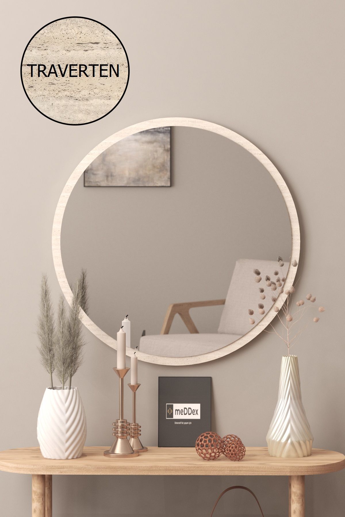 meDDex Dekoratif Yuvarlak Ayna Traverten Desen 60 Cm Antre Hol Wc Traverten 60 cm