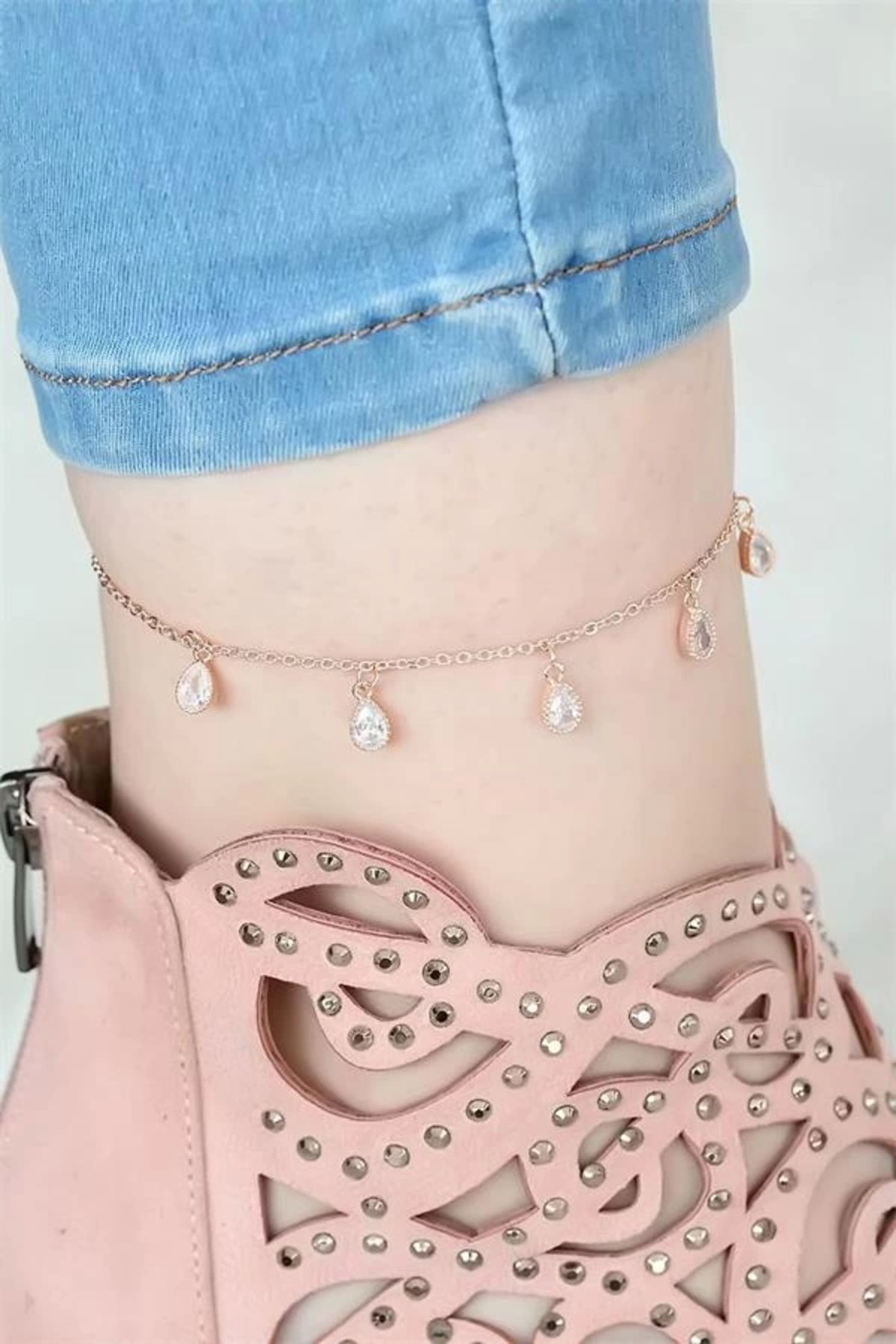 FASHIONLINE Rose Renk Zincirli Damla Taşlı Hal Hal