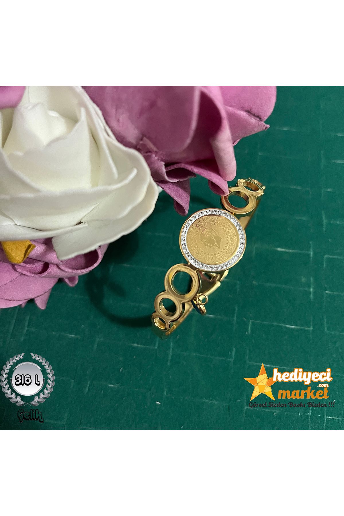 Hediyeci Market 316 L Zirkon Taşlı Nazar Boncuklu Desenli Tuğra Detaylı Çelik Kelepçe Bileklik - HMÇB-0091
