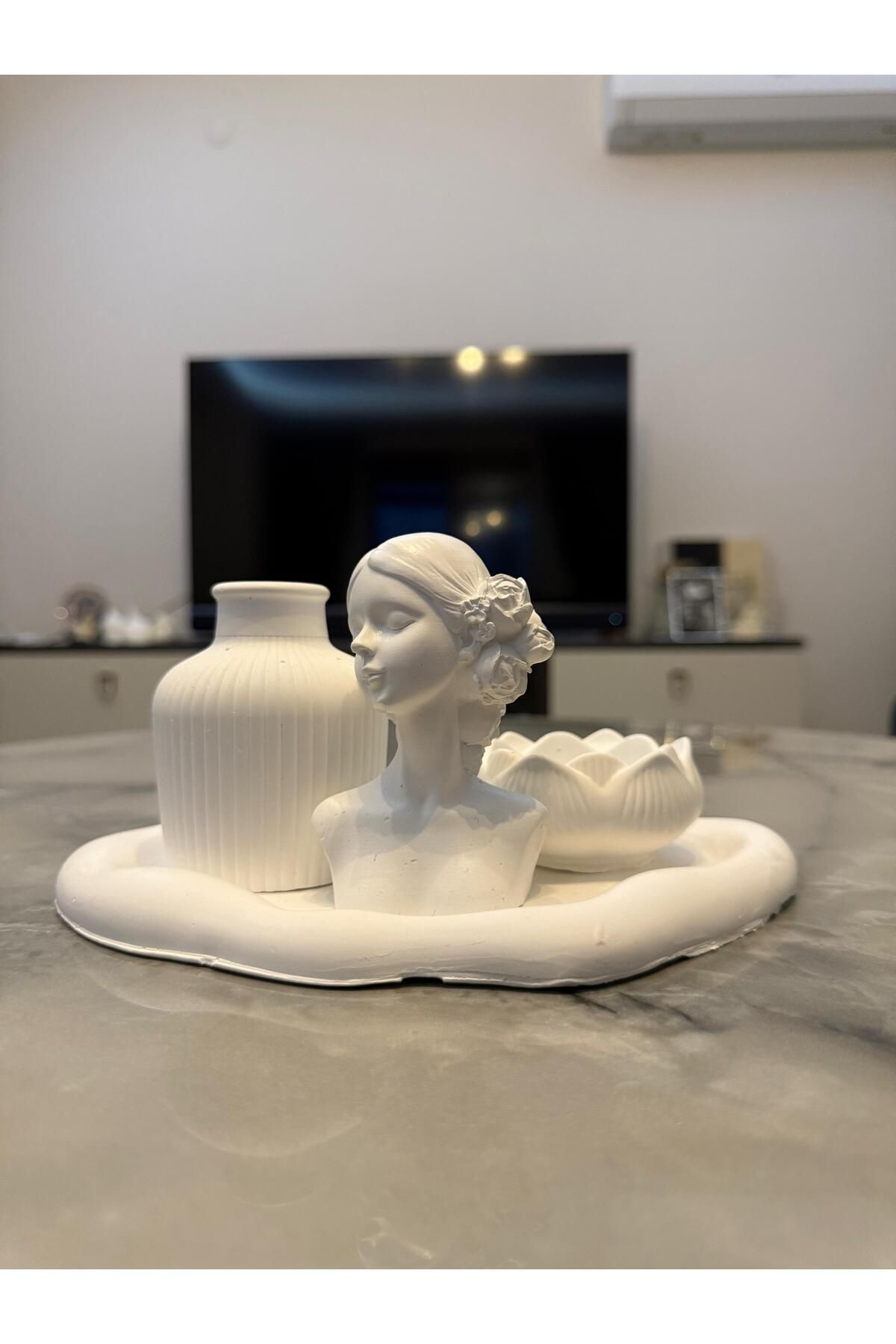 Aysili Dekorasyon Taş Tozu Vazo Lotus Mumluk Dekoratif Set