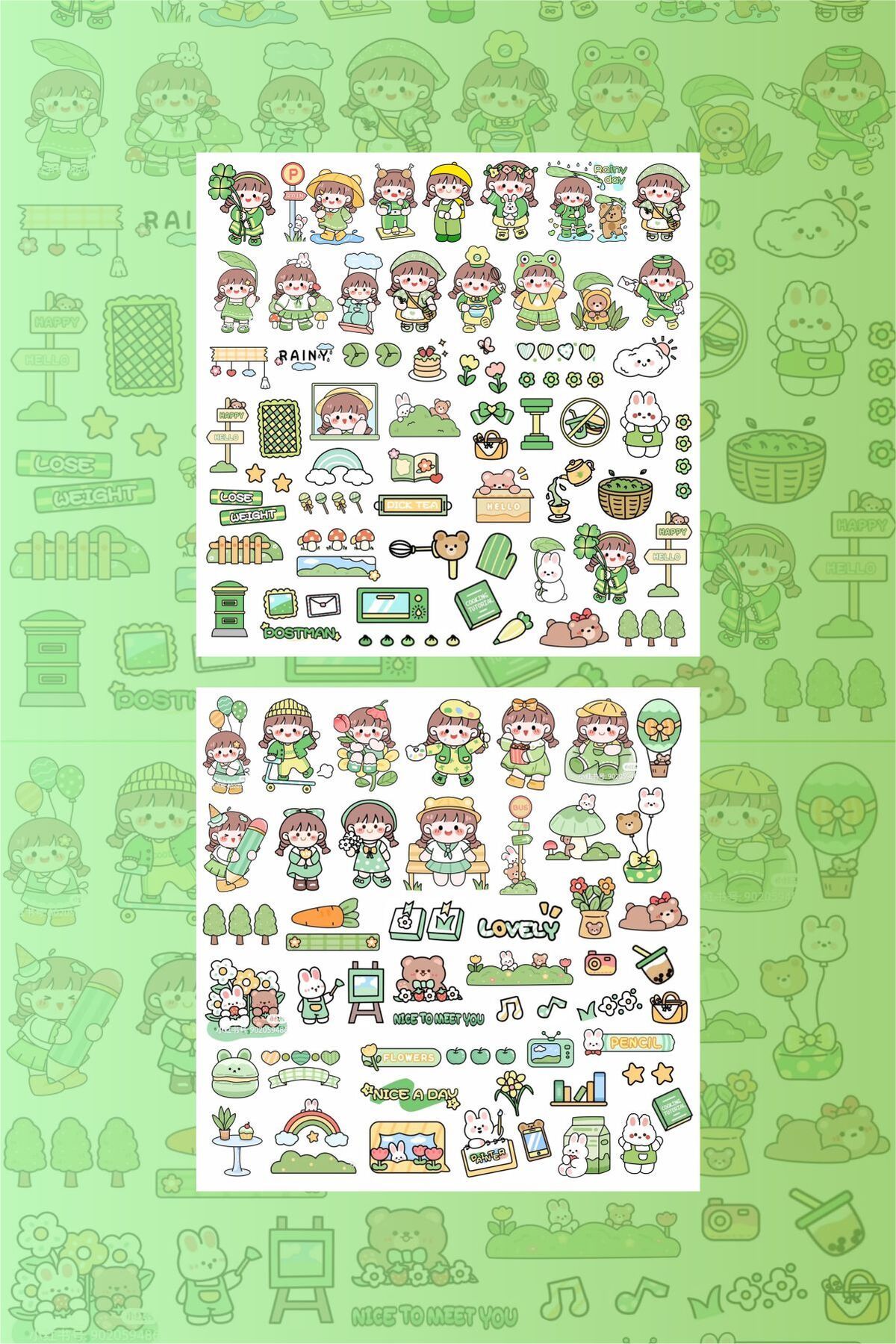 Piksel Grafik Kawaii Yeşil Renk 110 Adet Çıkartma Sticker Seti - Kalem, Laptop Defter Suluk Sticker