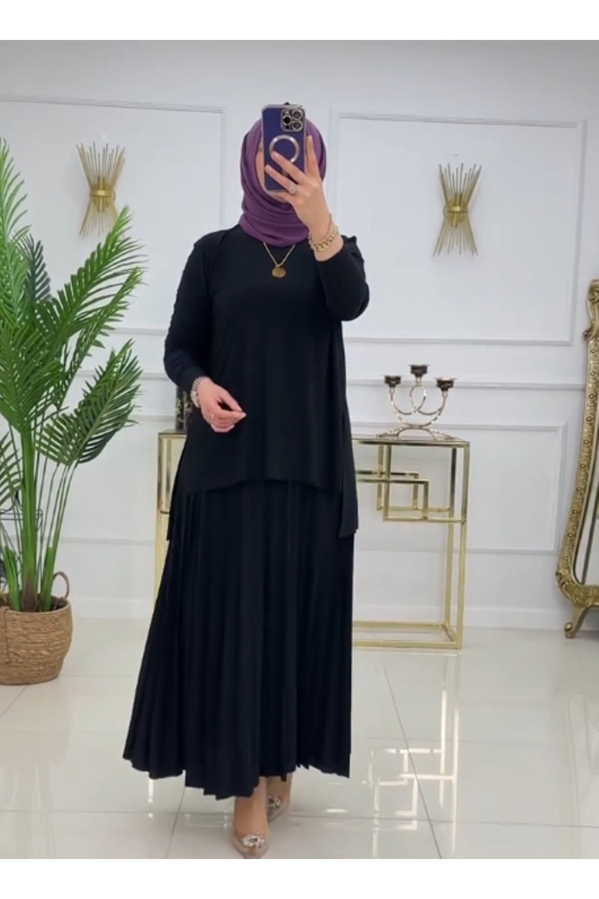 modamira Kadın Sandy Siyah Büyük Beden 2li Bluz Etek Piliseli Ikili Tesettür Etekli Takım