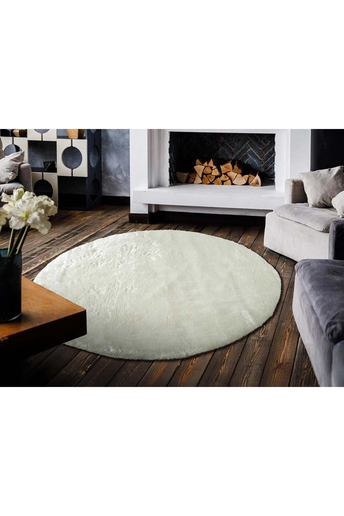 Çam Halı ÇAM Halı ROBY RB003A Beyaz Yumuşak Tuşeli Peluş Daire Halı