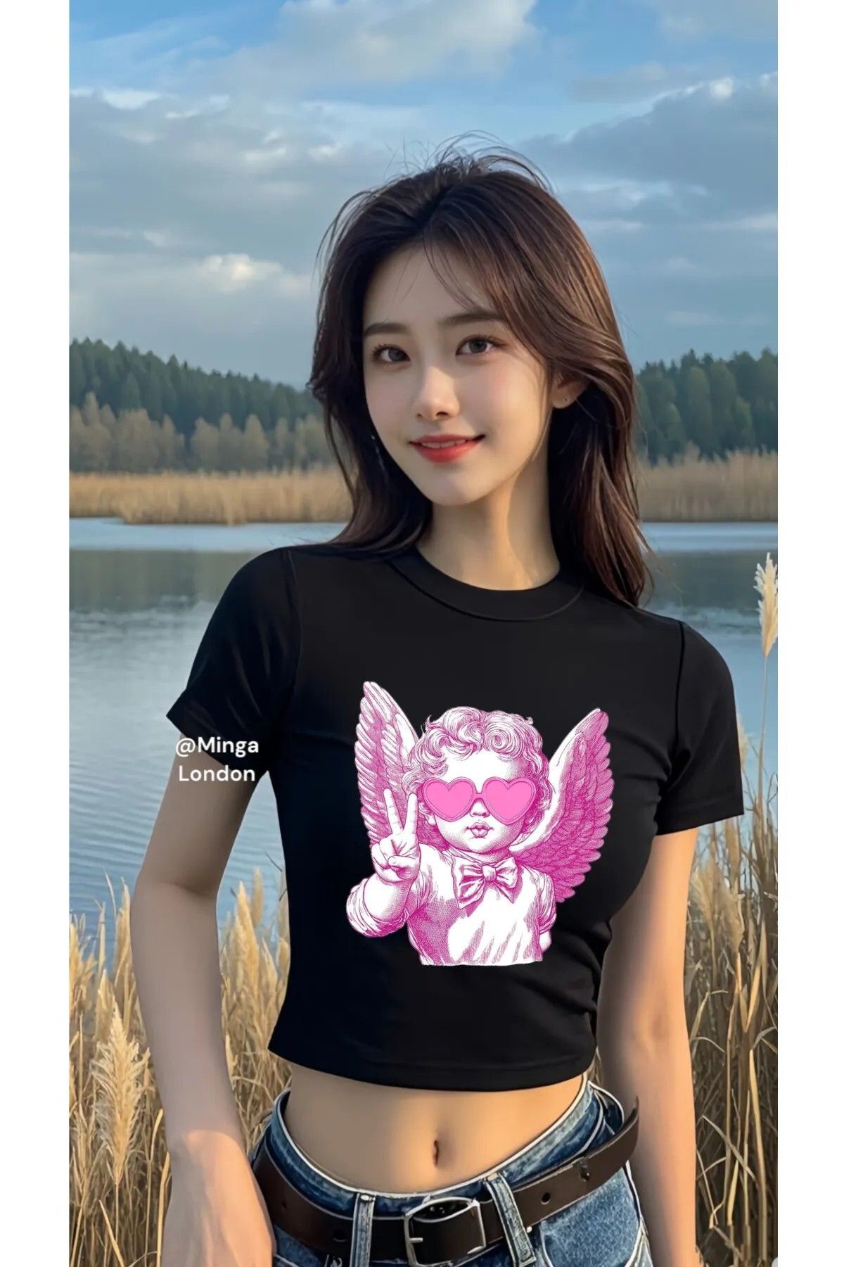 DEEFWEAR Siyah Pink Angel Crop Bluz